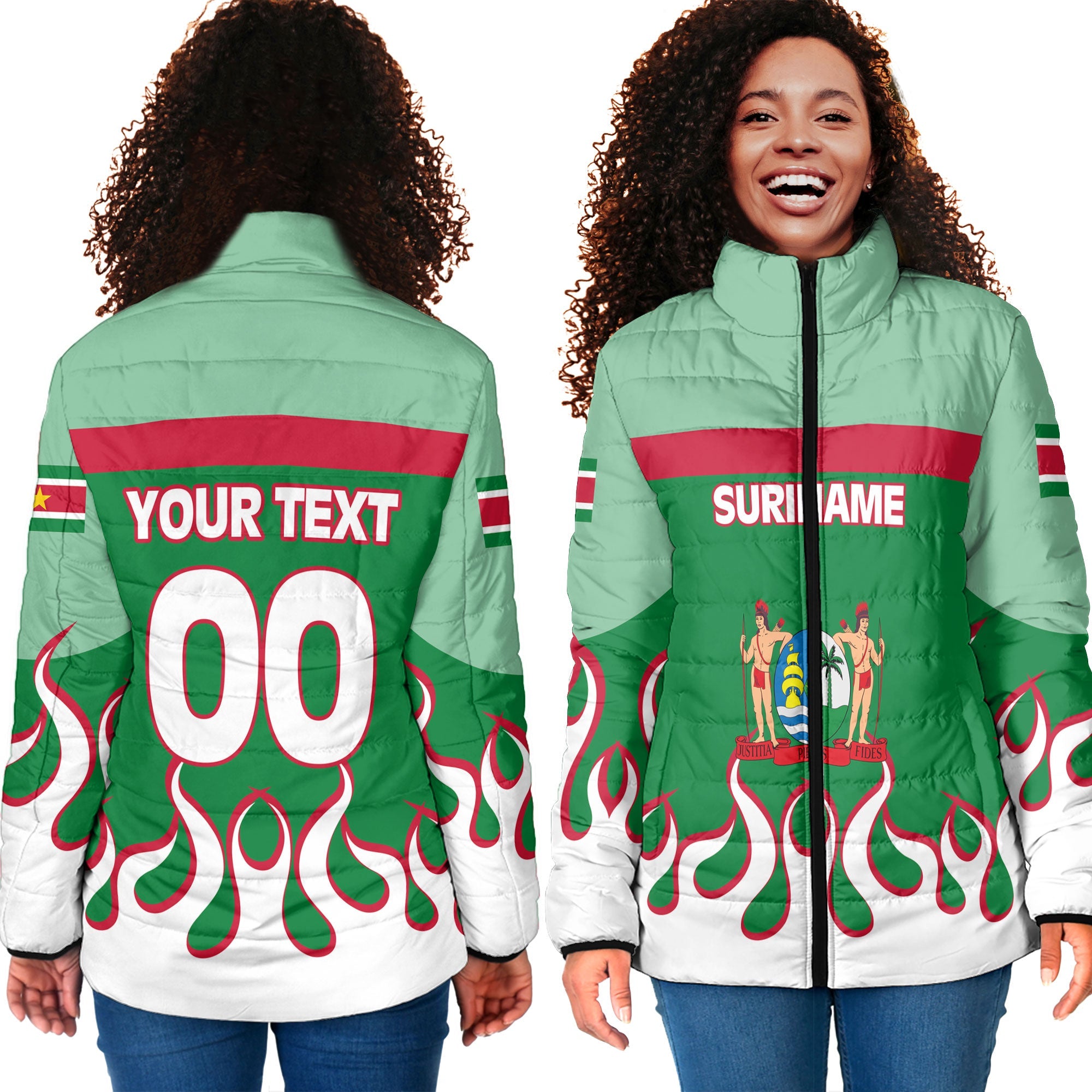 Suriname Women Padded Jacket Flag & Coat Of Arms Fire Hockey Style