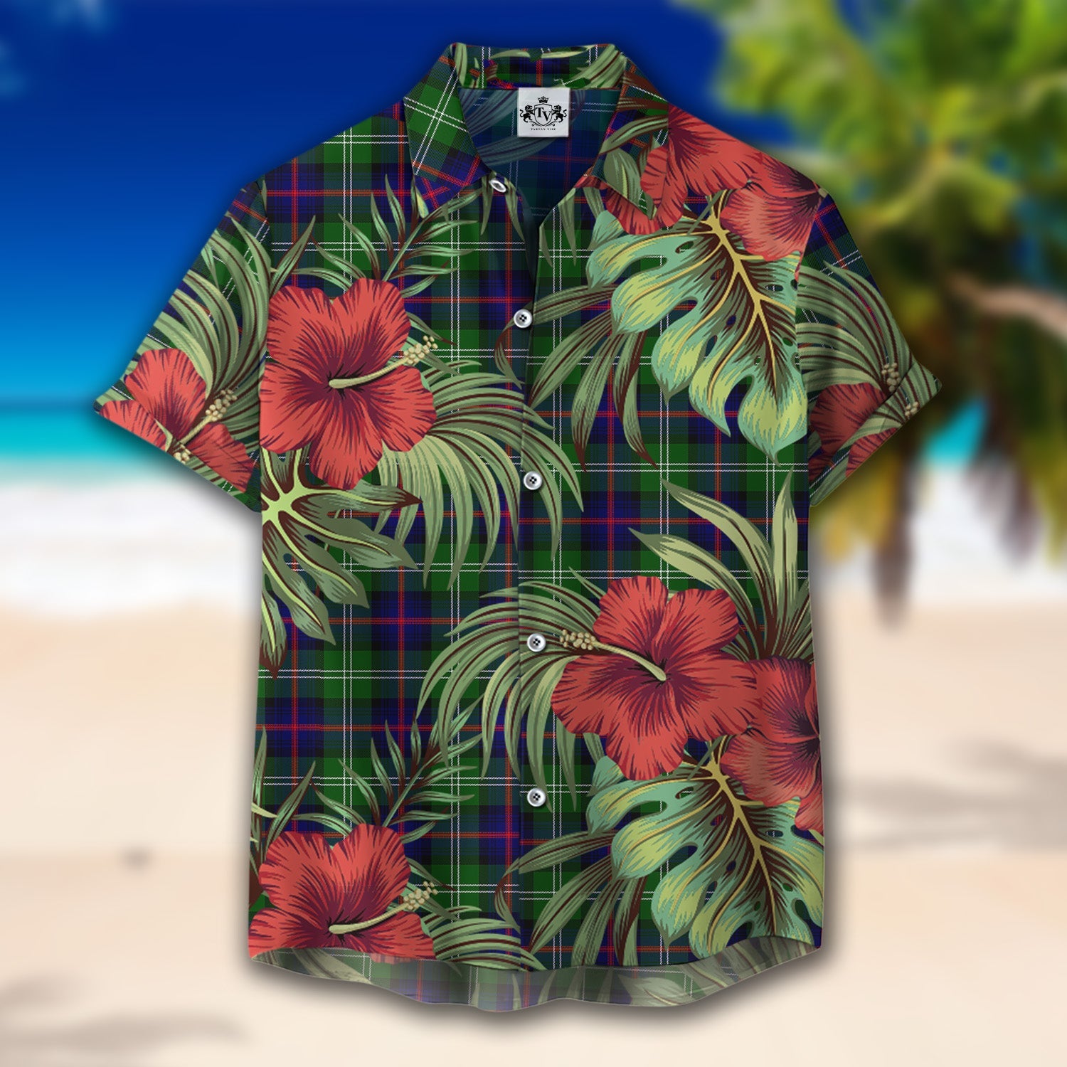 Scottish Tartan Sutherland Modern Clan Hawaiian Shirt Hibiscus - Tropical Garden Style