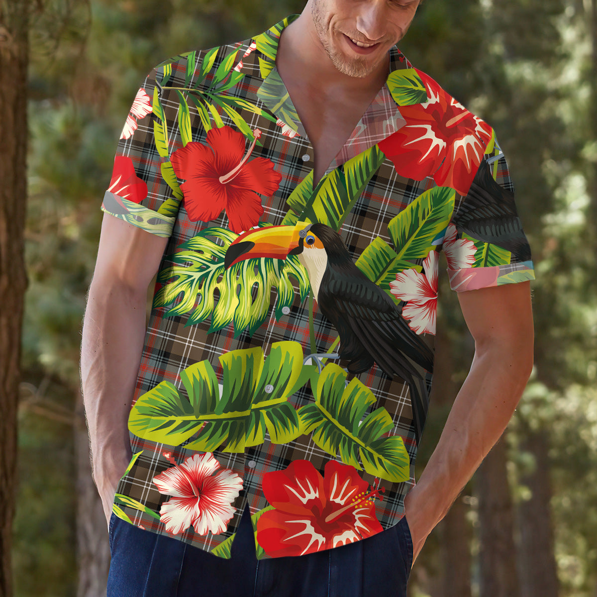 Scottish Tartan Sutherland Weathered Clan Hawaiian Shirt Hibiscus - Tropical Garden Style