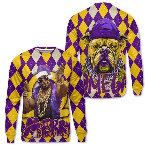 Fraternity Sweatshirt - OPP Christmas Sweatshirt Bulldog Purple Gold Caro Pattern Style