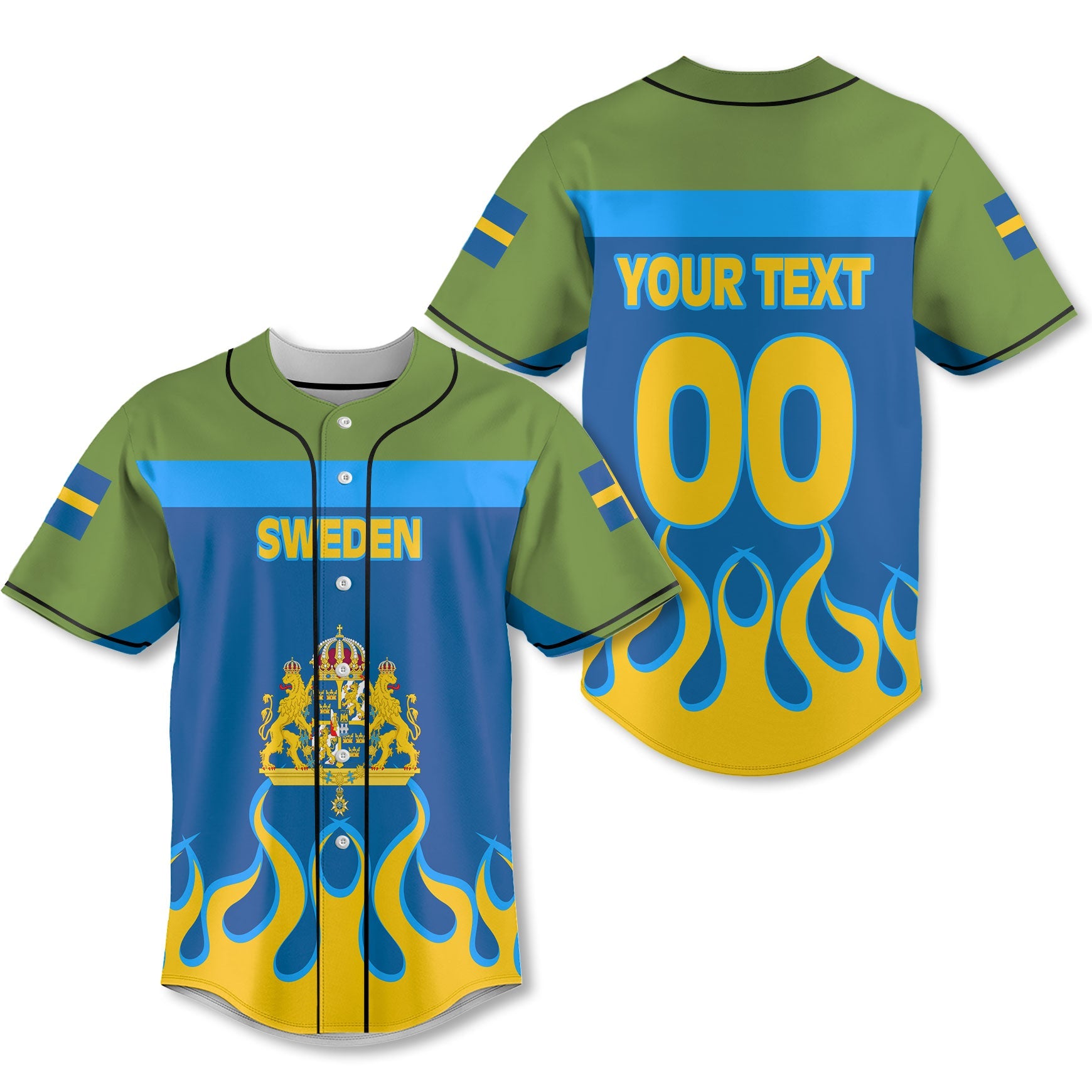 Sweden Baseball Jersey Flag & Coat Of Arms Fire Hockey Style