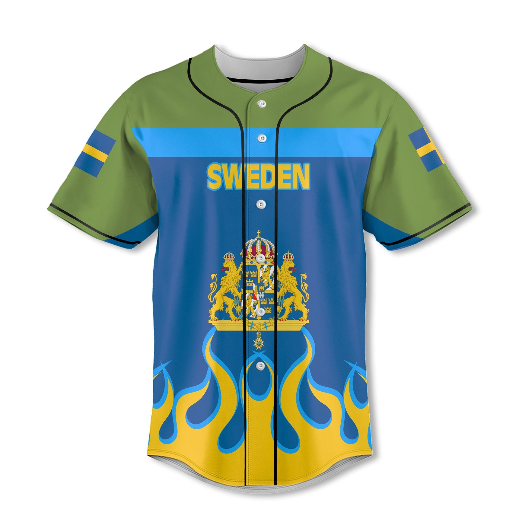 Sweden Baseball Jersey Flag & Coat Of Arms Fire Hockey Style