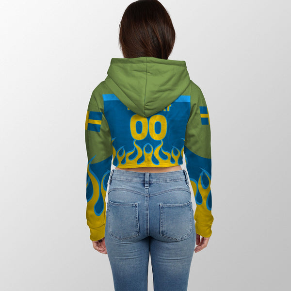 Sweden Crop Hoodie Flag & Coat Of Arms Fire Hockey Style