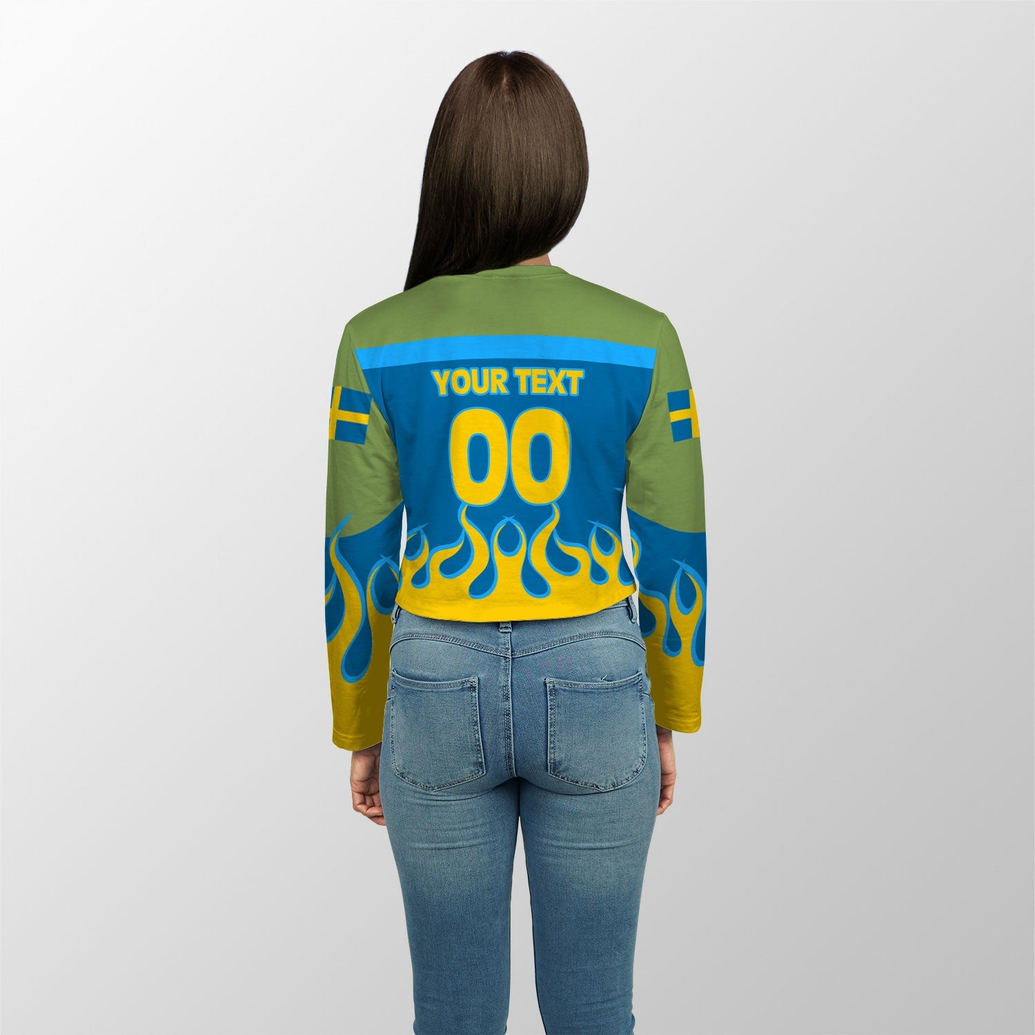 Sweden Crop Top Long TShirt Flag & Coat Of Arms Fire Hockey Style