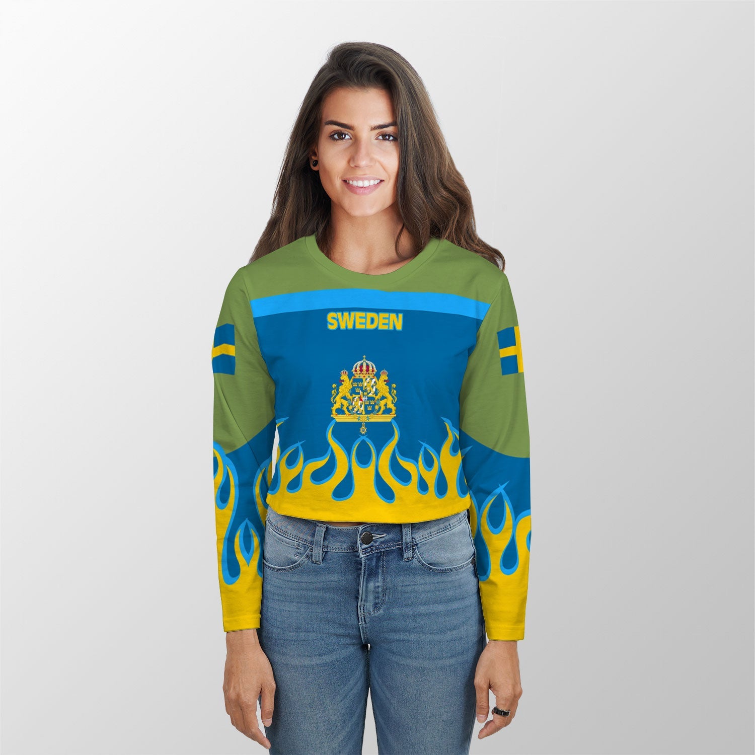 Sweden Crop Top Long TShirt Flag & Coat Of Arms Fire Hockey Style