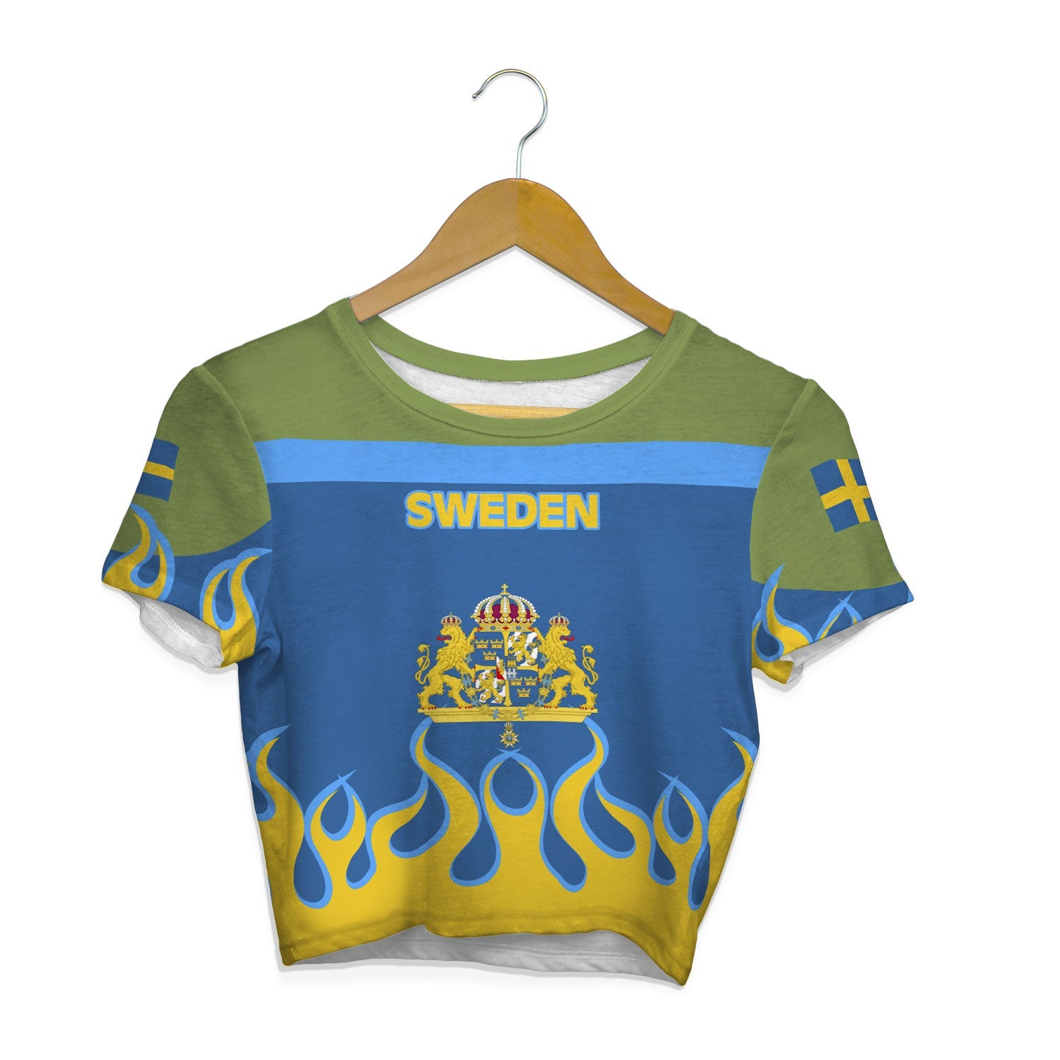 Sweden Crop Top T Shirt Flag & Coat Of Arms Fire Hockey Style