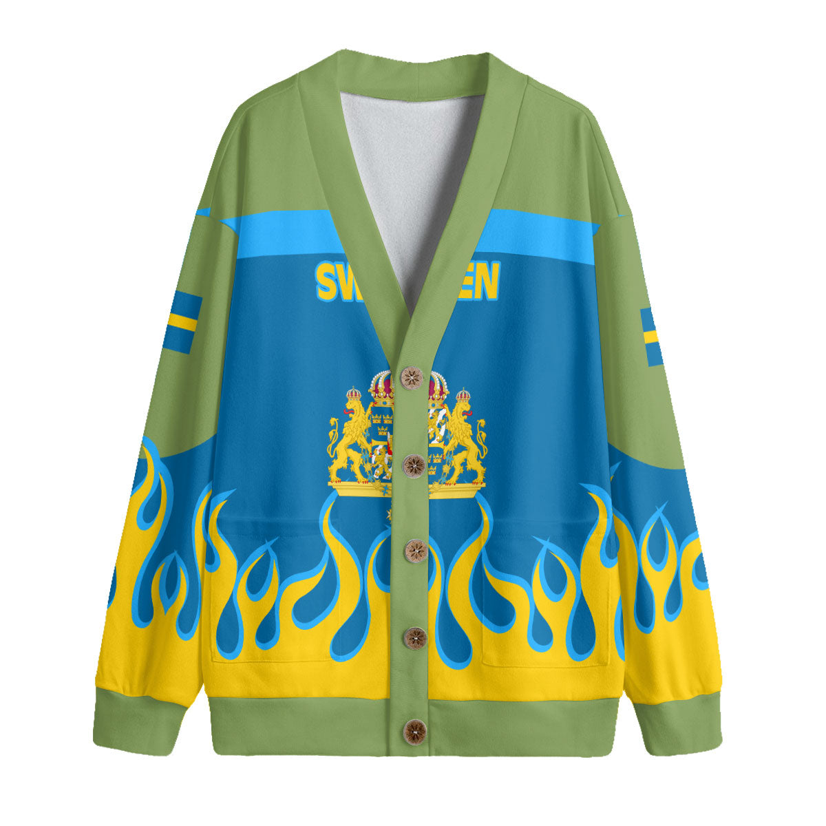 Sweden Fleece Cardigan Flag & Coat Of Arms Fire Hockey Style