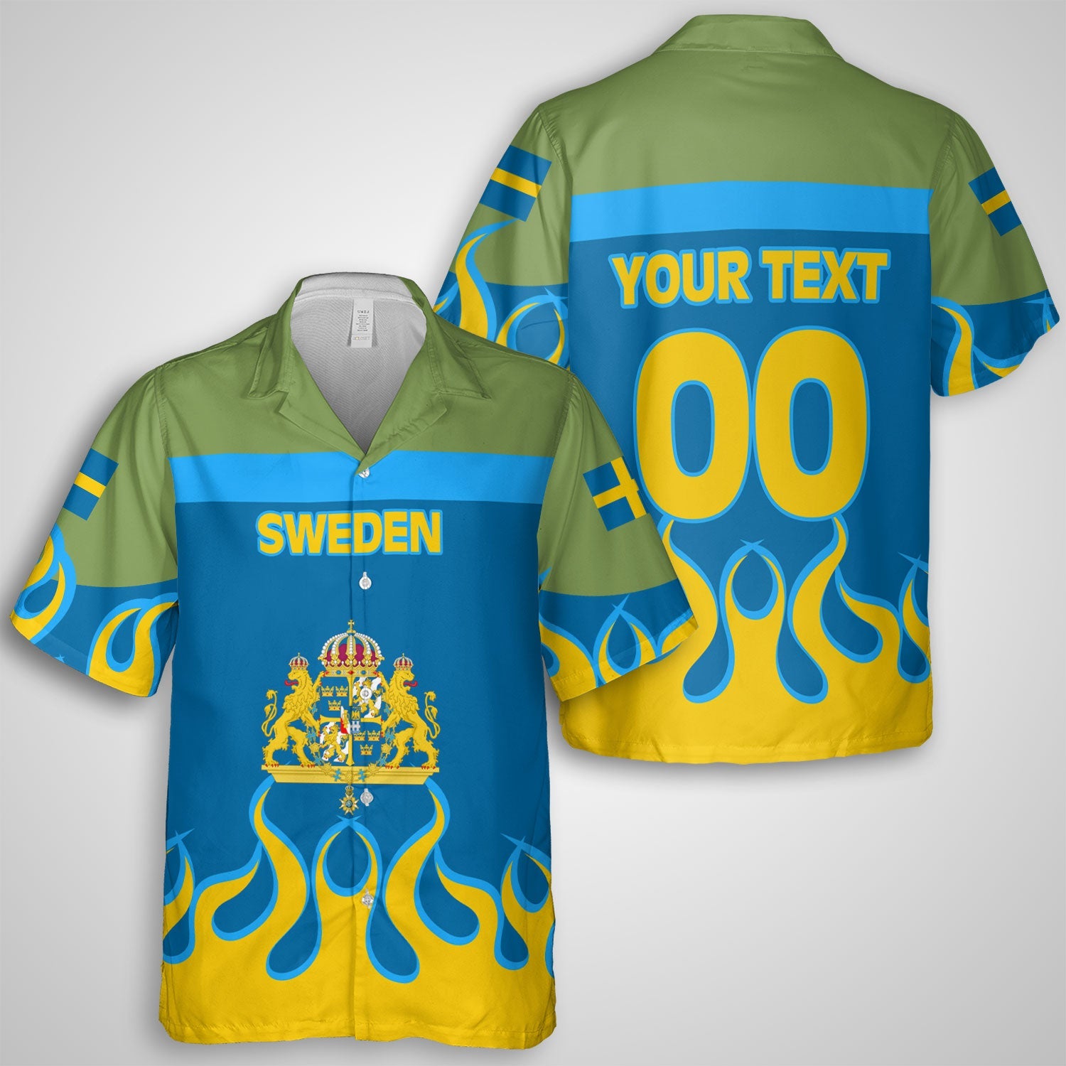 Sweden Hawaiian Shirt Flag & Coat Of Arms Fire Hockey Style