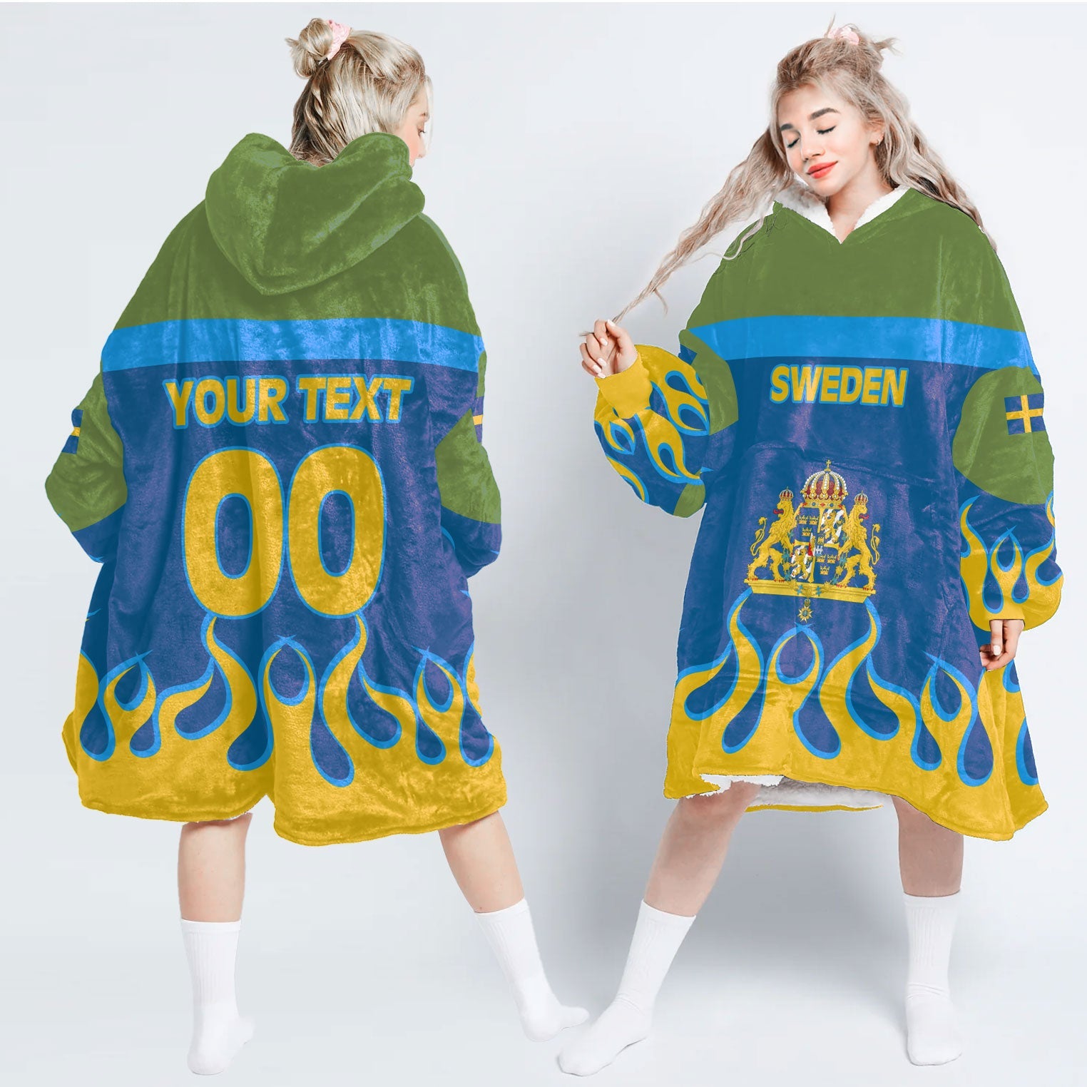 Sweden Snug Hoodie Flag & Coat Of Arms Fire Hockey Style