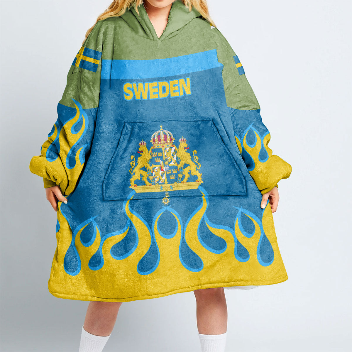 Sweden Snug Hoodie Flag & Coat Of Arms Fire Hockey Style