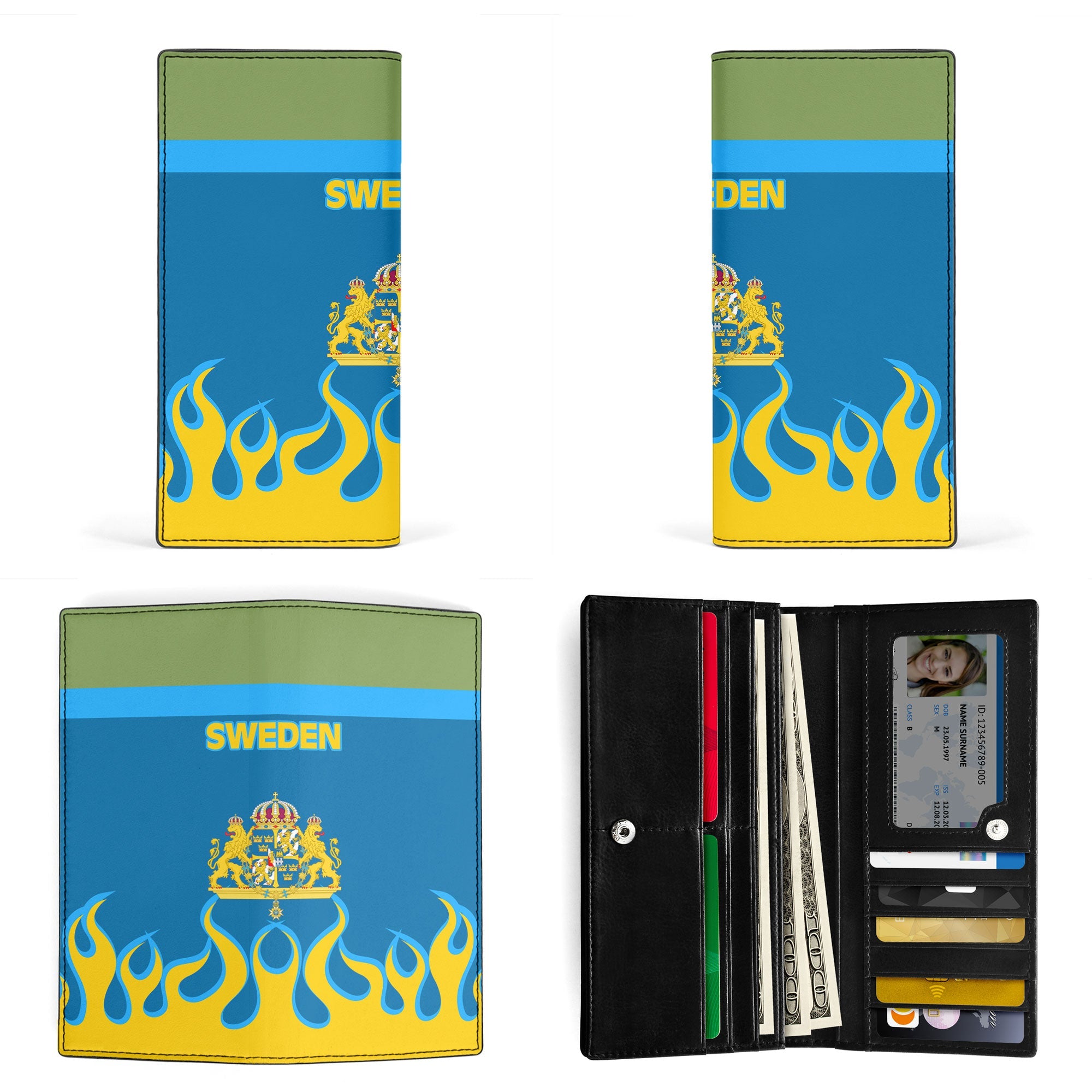 Sweden Leather Wallet Flag & Coat Of Arms Fire Hockey Style