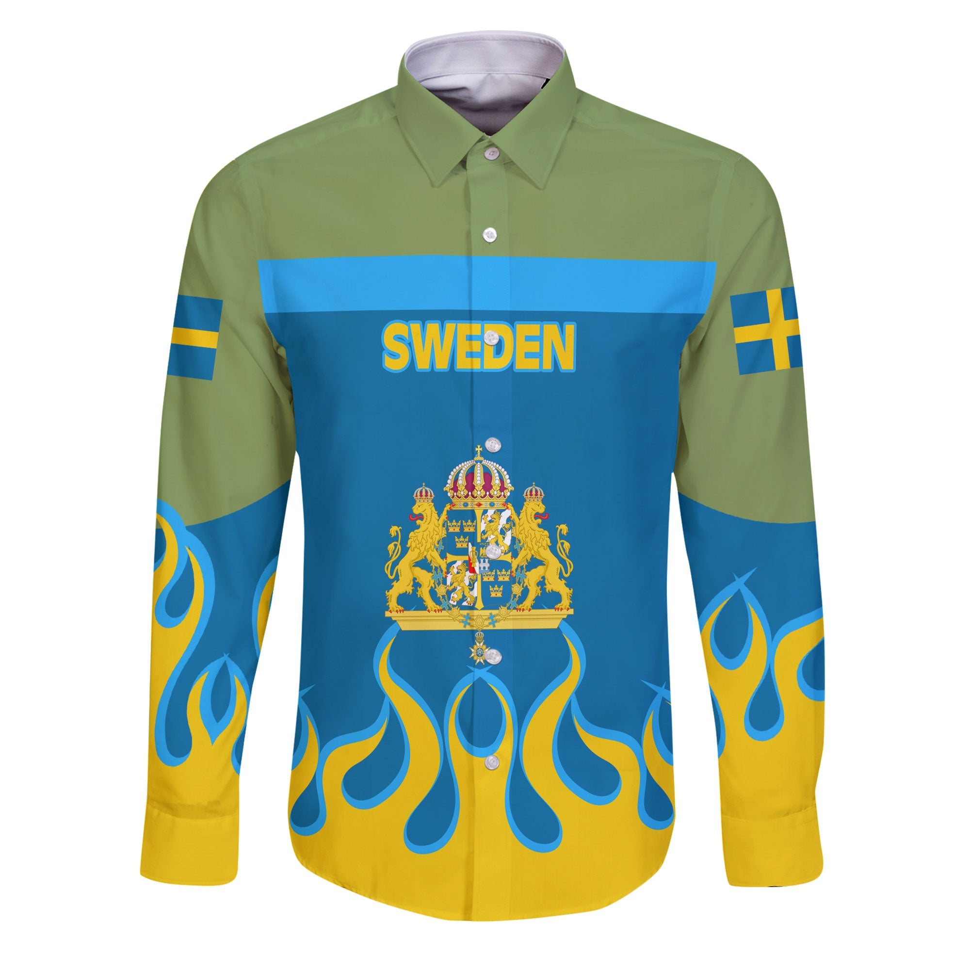 Sweden Long Sleeve Button Shirt Flag & Coat Of Arms Fire Hockey Style