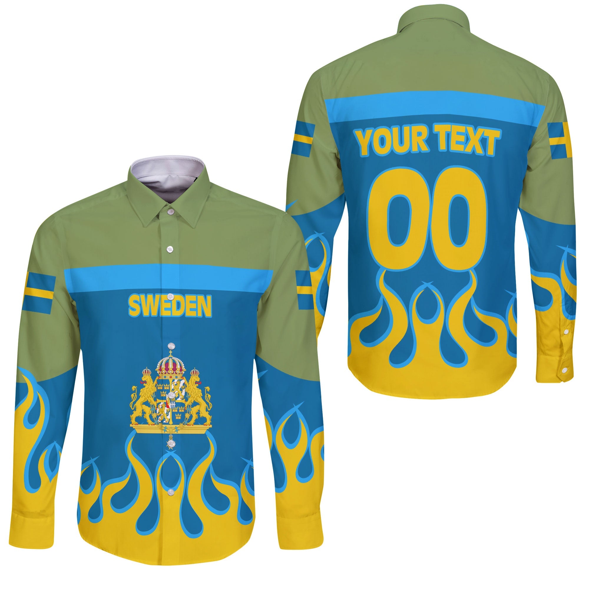 Sweden Long Sleeve Button Shirt Flag & Coat Of Arms Fire Hockey Style