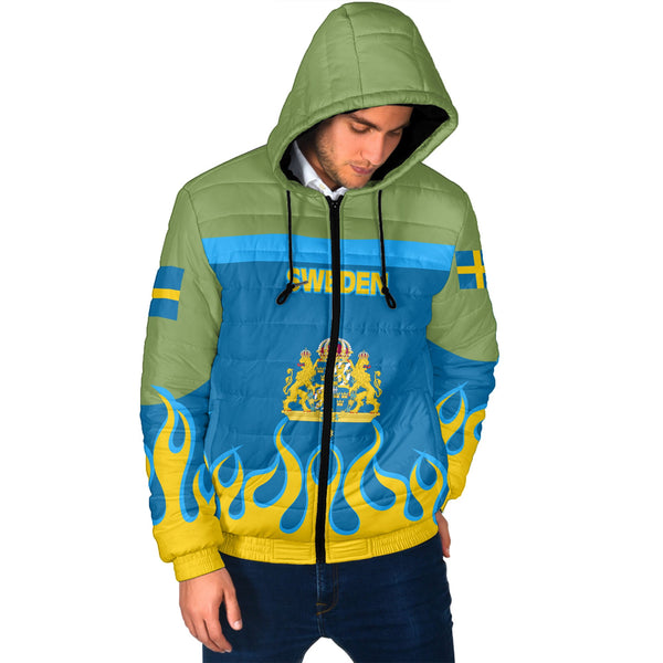 Sweden Men Hooded Padded Jacket Flag & Coat Of Arms Fire Hockey Style