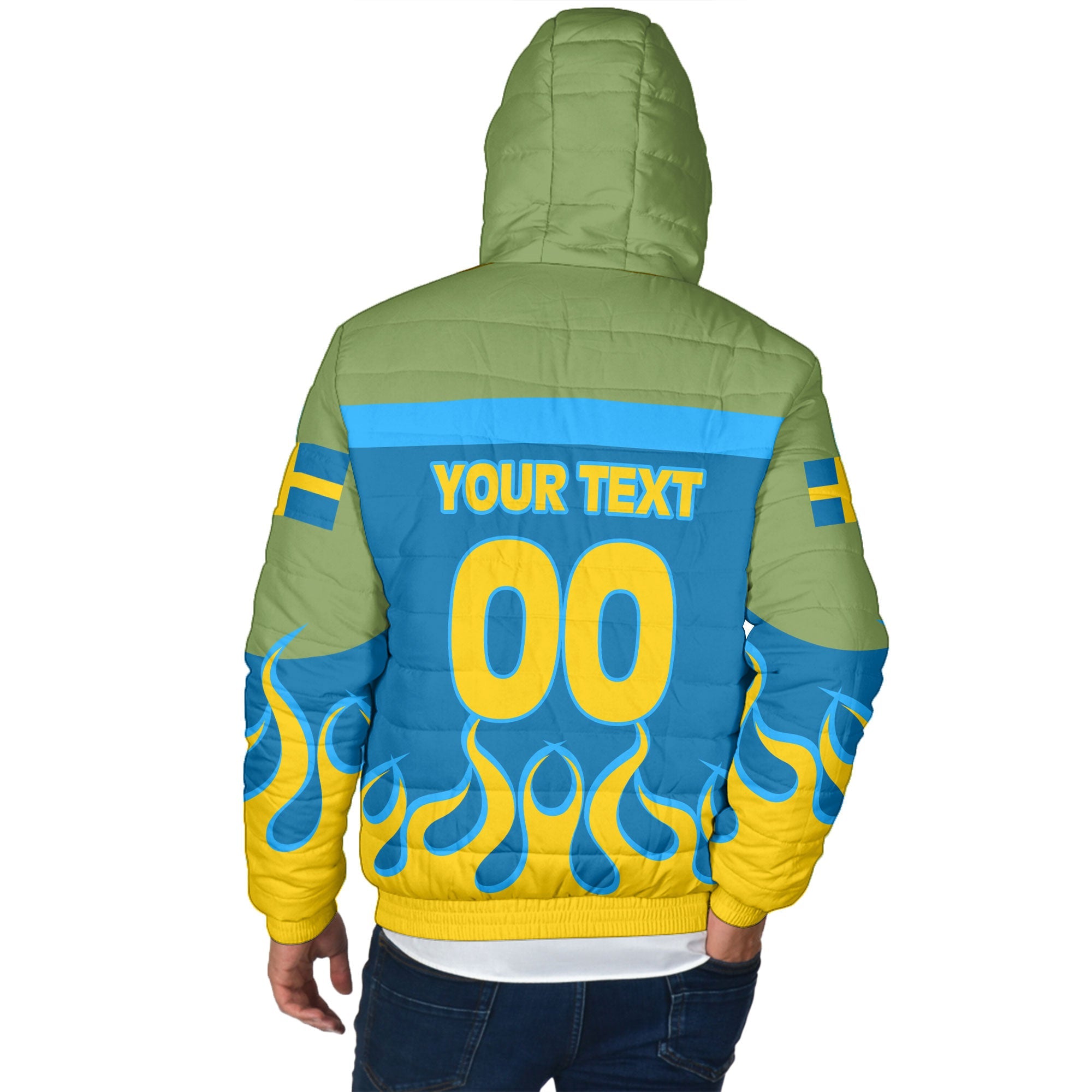 Sweden Men Hooded Padded Jacket Flag & Coat Of Arms Fire Hockey Style