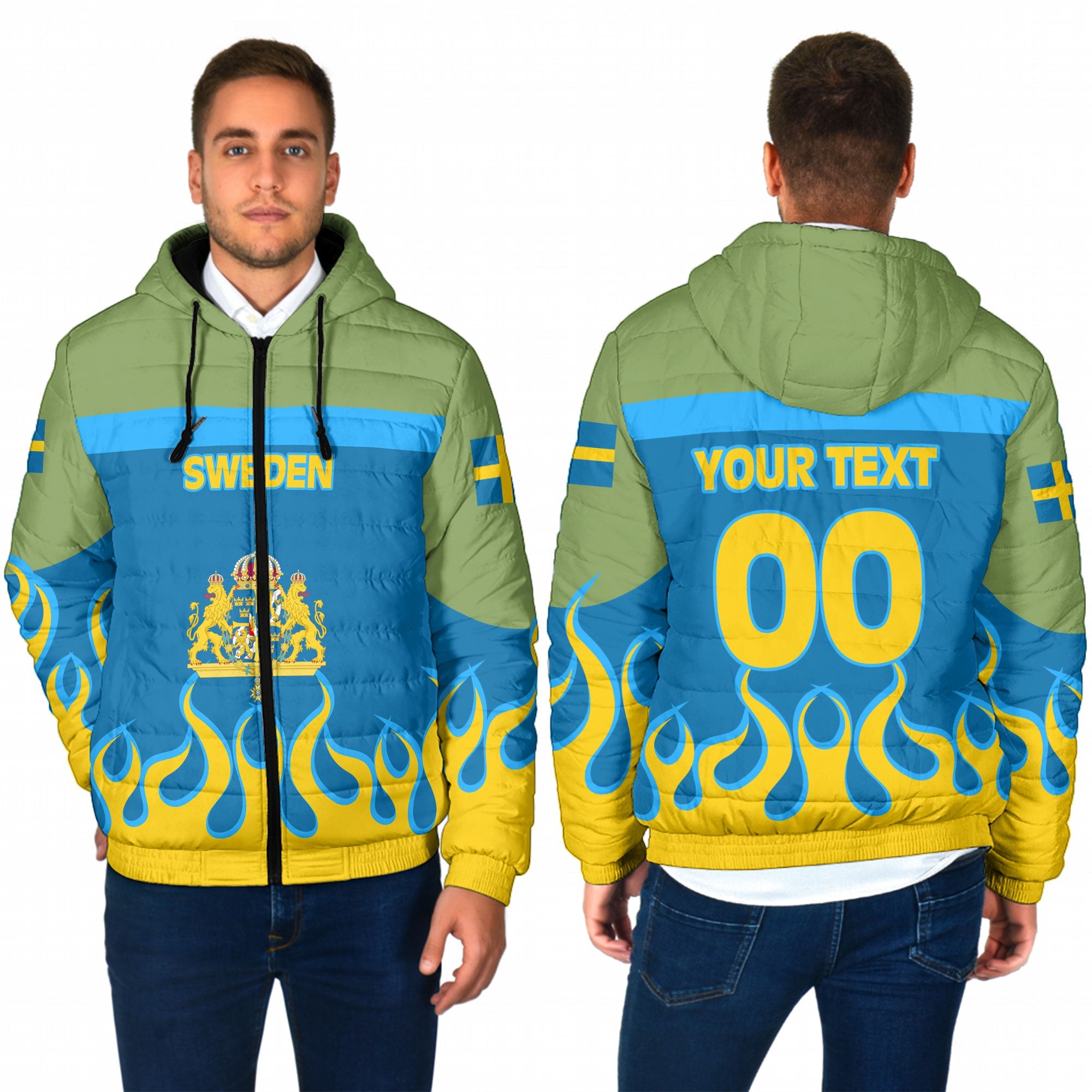 Sweden Men Hooded Padded Jacket Flag & Coat Of Arms Fire Hockey Style