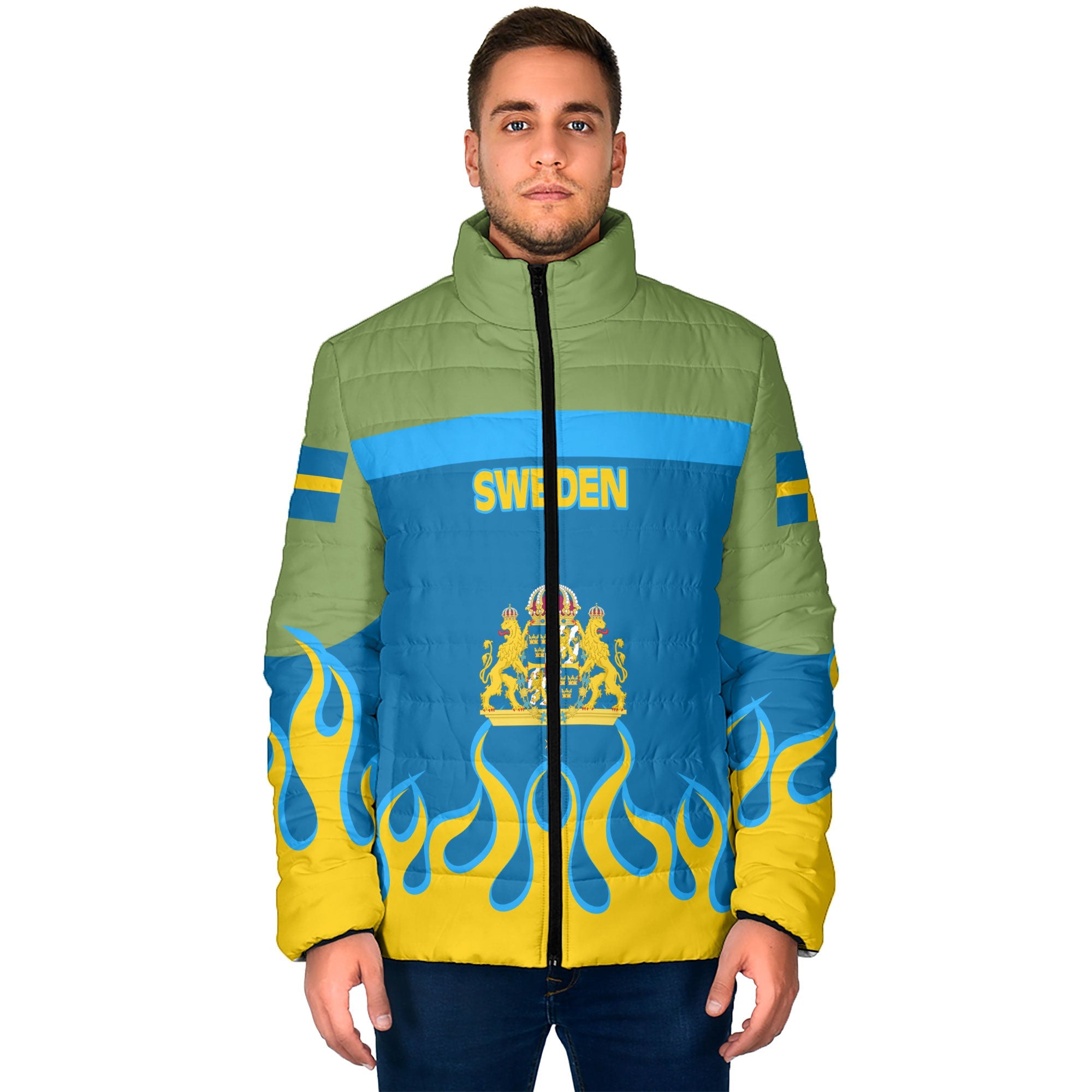 Sweden Men Padded Jacket Flag & Coat Of Arms Fire Hockey Style