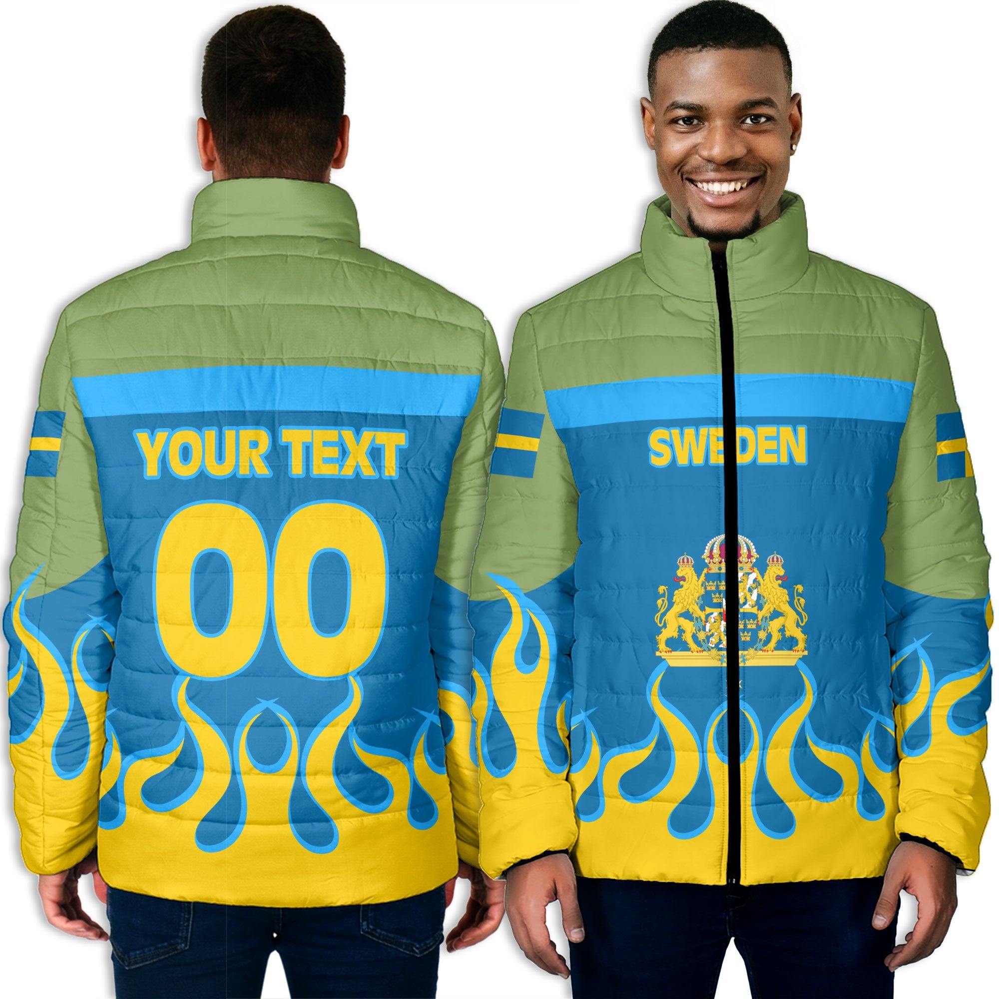 Sweden Men Padded Jacket Flag & Coat Of Arms Fire Hockey Style