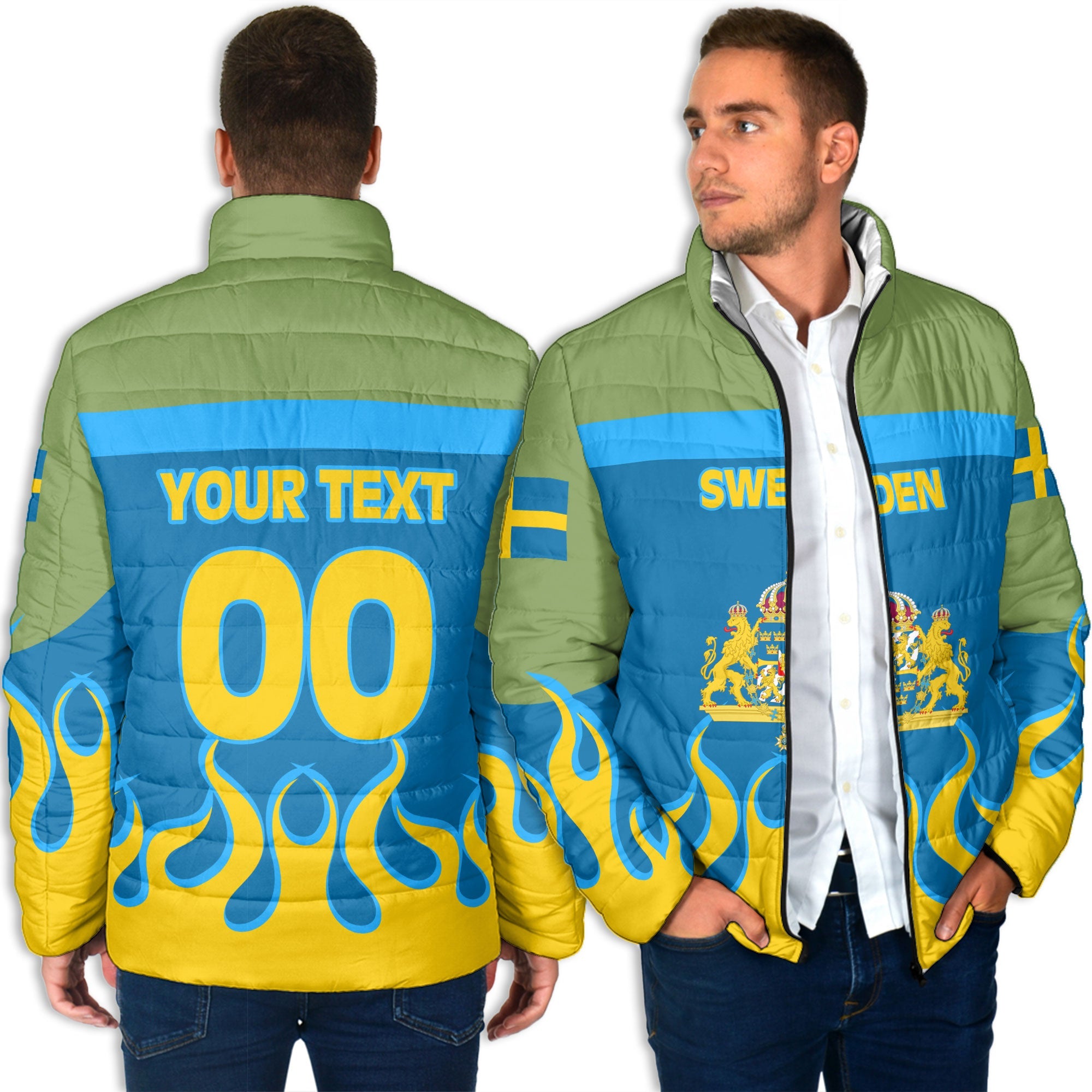 Sweden Men Padded Jacket Flag & Coat Of Arms Fire Hockey Style