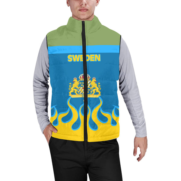 Sweden Men Padded Jacket Vest Flag & Coat Of Arms Fire Hockey Style