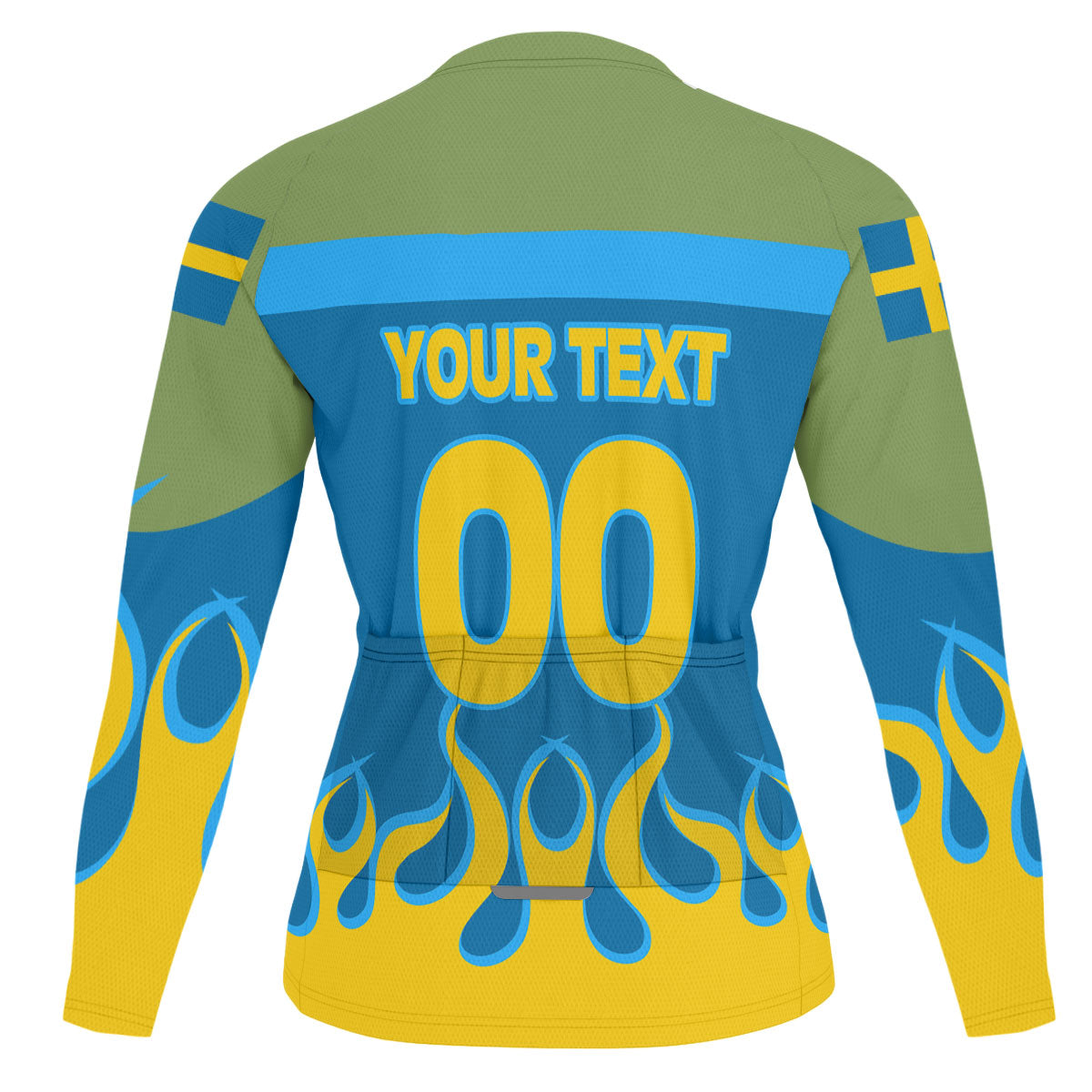 Sweden Men's Cycling Jersey Long Sleeve Flag & Coat Of Arms Fire Hockey Style