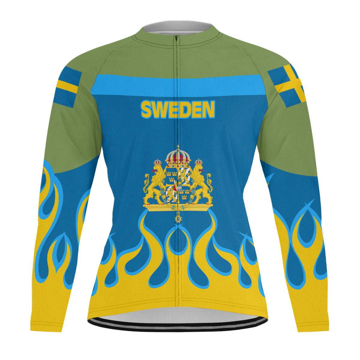 Sweden Men's Cycling Jersey Long Sleeve Flag & Coat Of Arms Fire Hockey Style