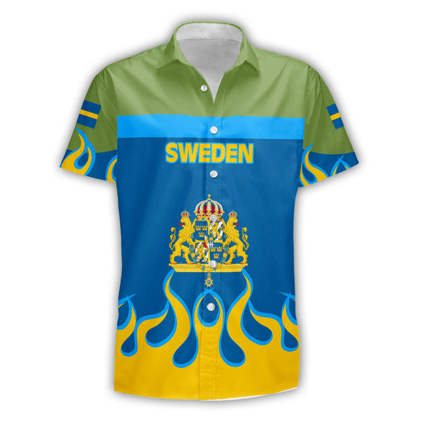 Sweden Short Sleeve Shirt Flag & Coat Of Arms Fire Hockey Style