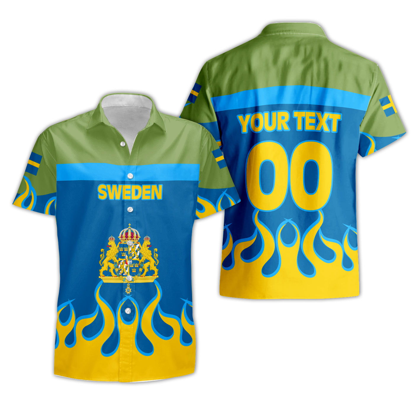 Sweden Short Sleeve Shirt Flag & Coat Of Arms Fire Hockey Style