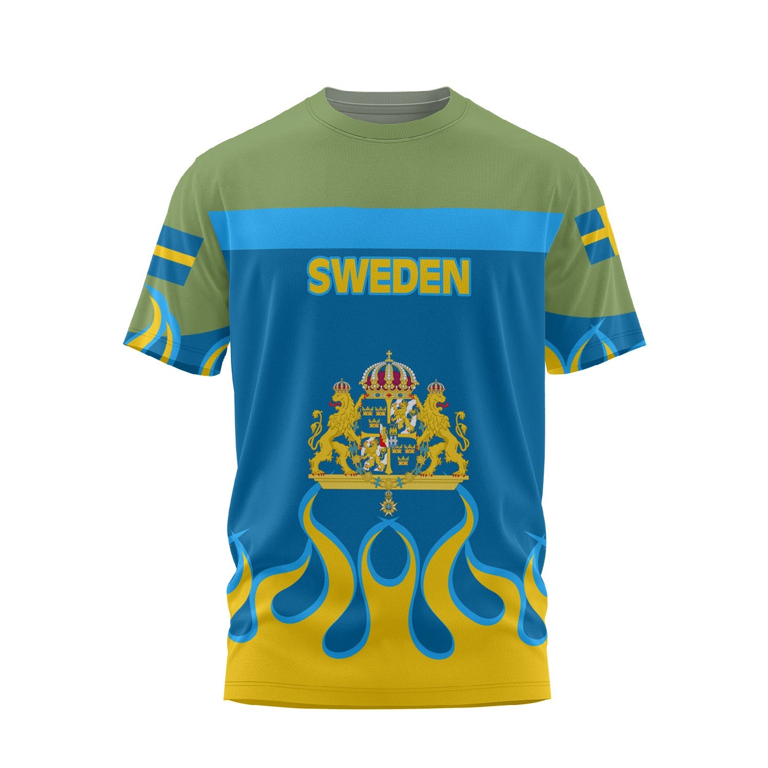 Sweden T Shirt Flag & Coat Of Arms Fire Hockey Style