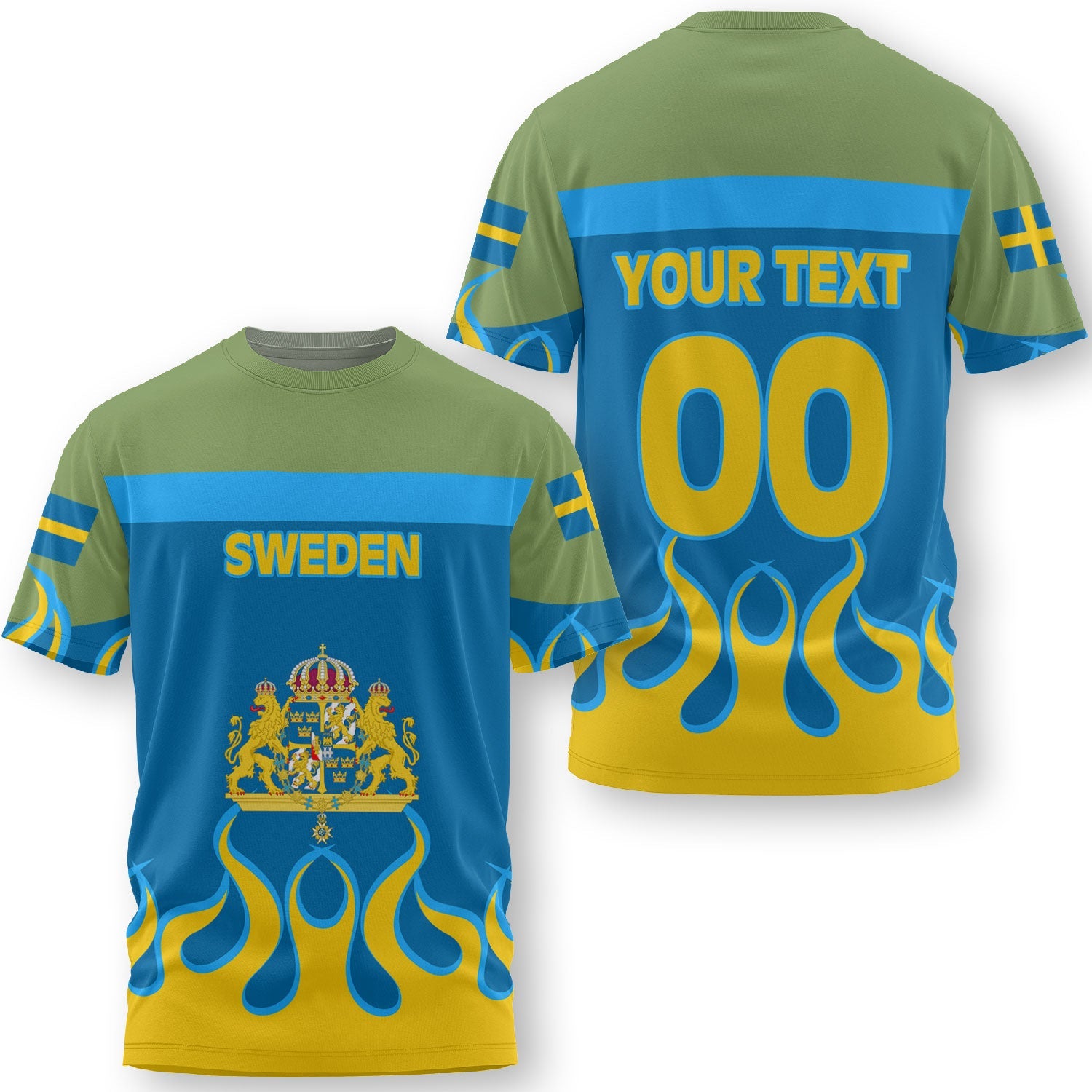 Sweden T Shirt Flag & Coat Of Arms Fire Hockey Style