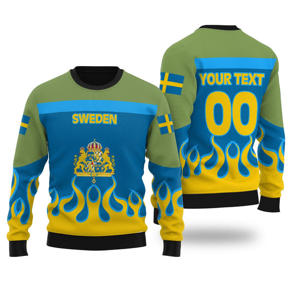 Sweden Ugly Sweater Flag & Coat Of Arms Fire Hockey Style