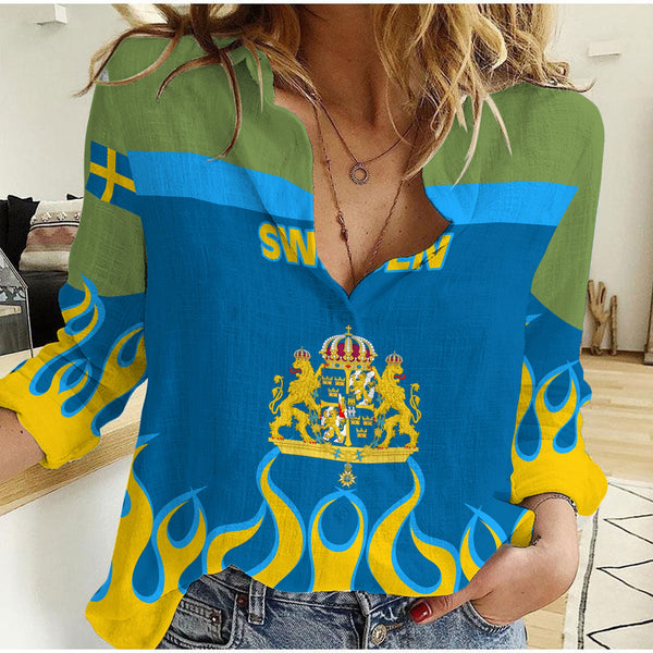 Sweden Women Casual Shirt Flag & Coat Of Arms Fire Hockey Style