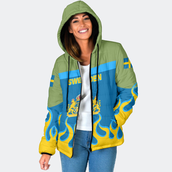 Sweden Women Hooded Padded Jacket Flag & Coat Of Arms Fire Hockey Style