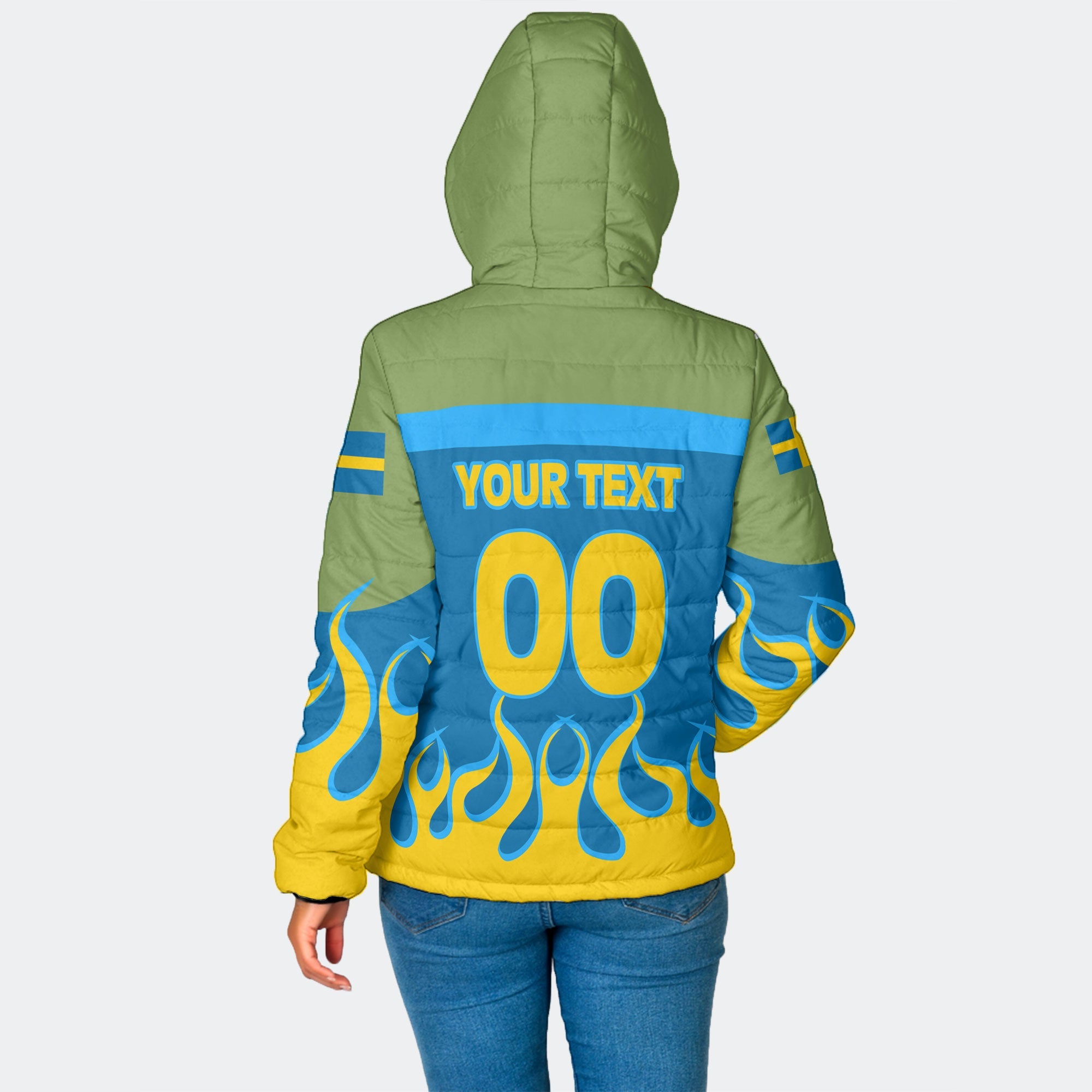 Sweden Women Hooded Padded Jacket Flag & Coat Of Arms Fire Hockey Style