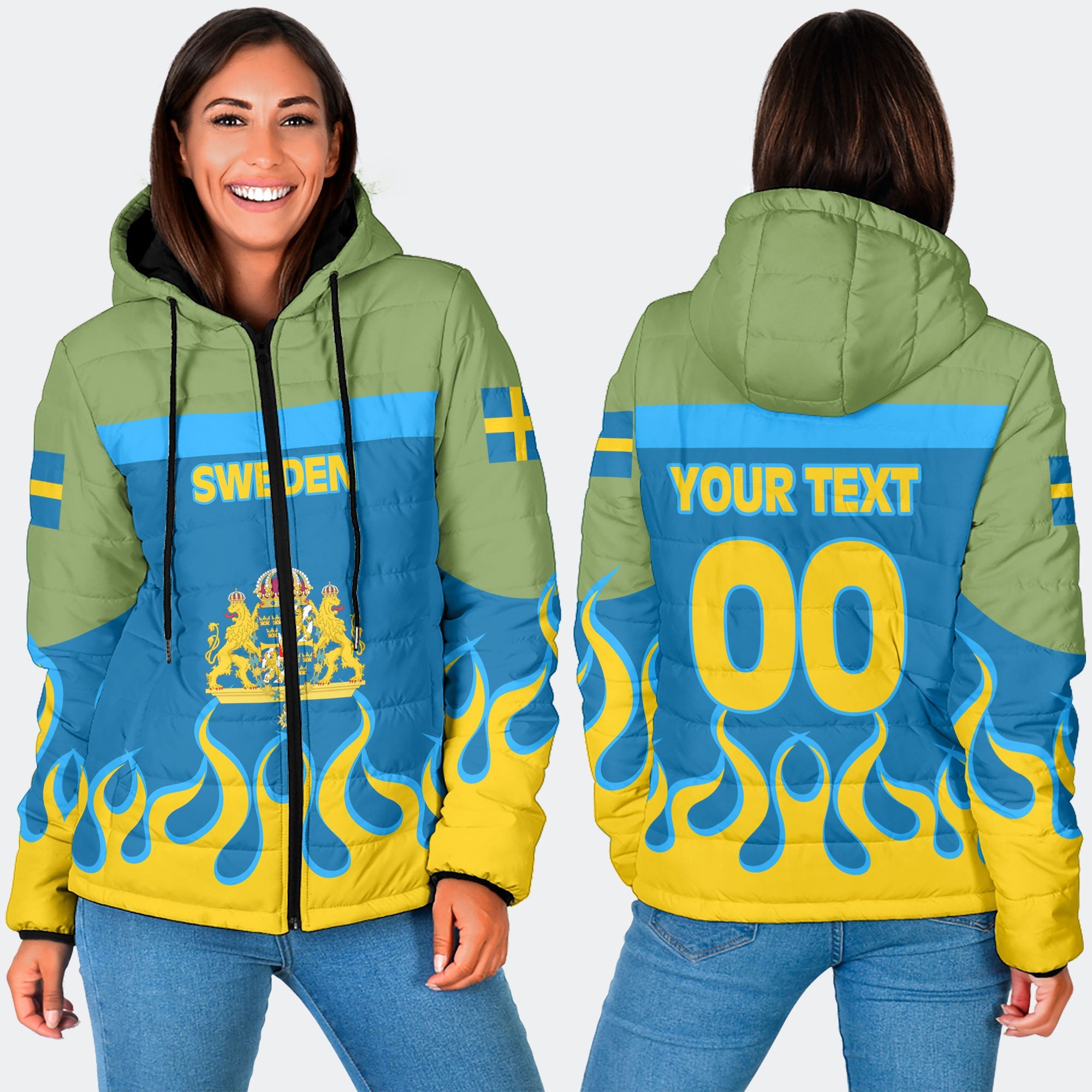 Sweden Women Hooded Padded Jacket Flag & Coat Of Arms Fire Hockey Style