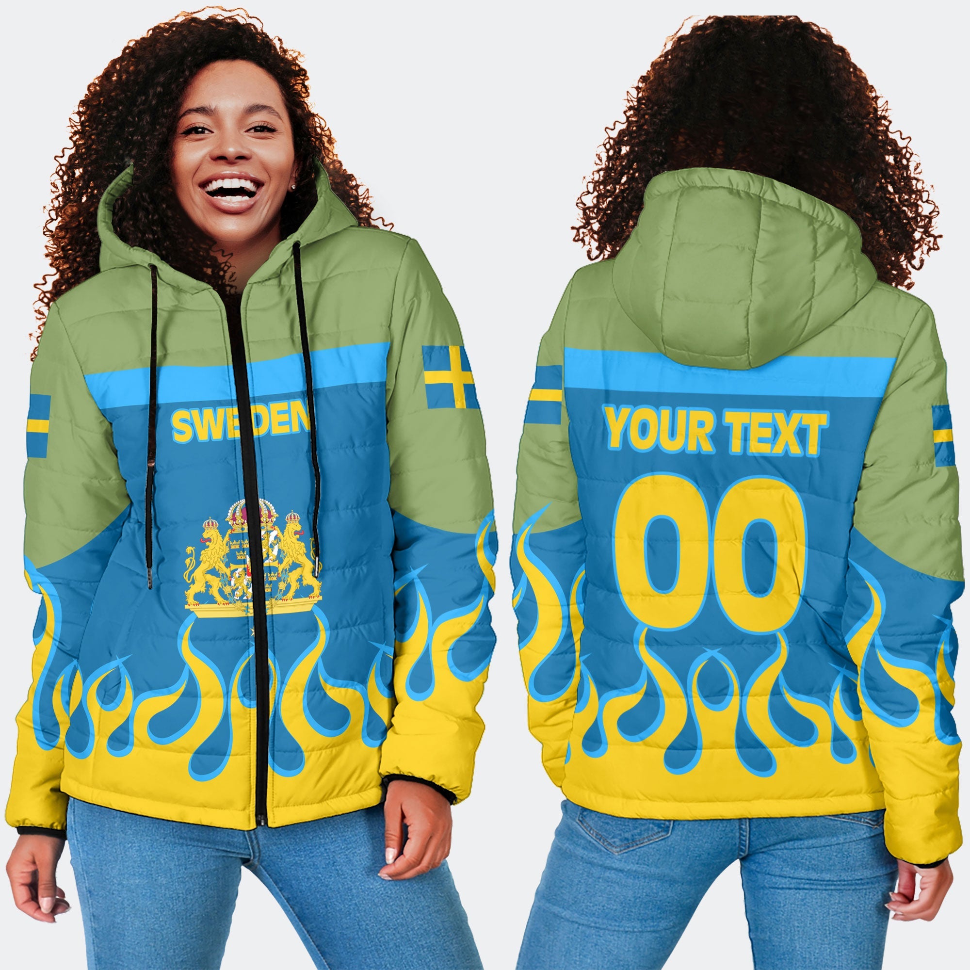 Sweden Women Hooded Padded Jacket Flag & Coat Of Arms Fire Hockey Style