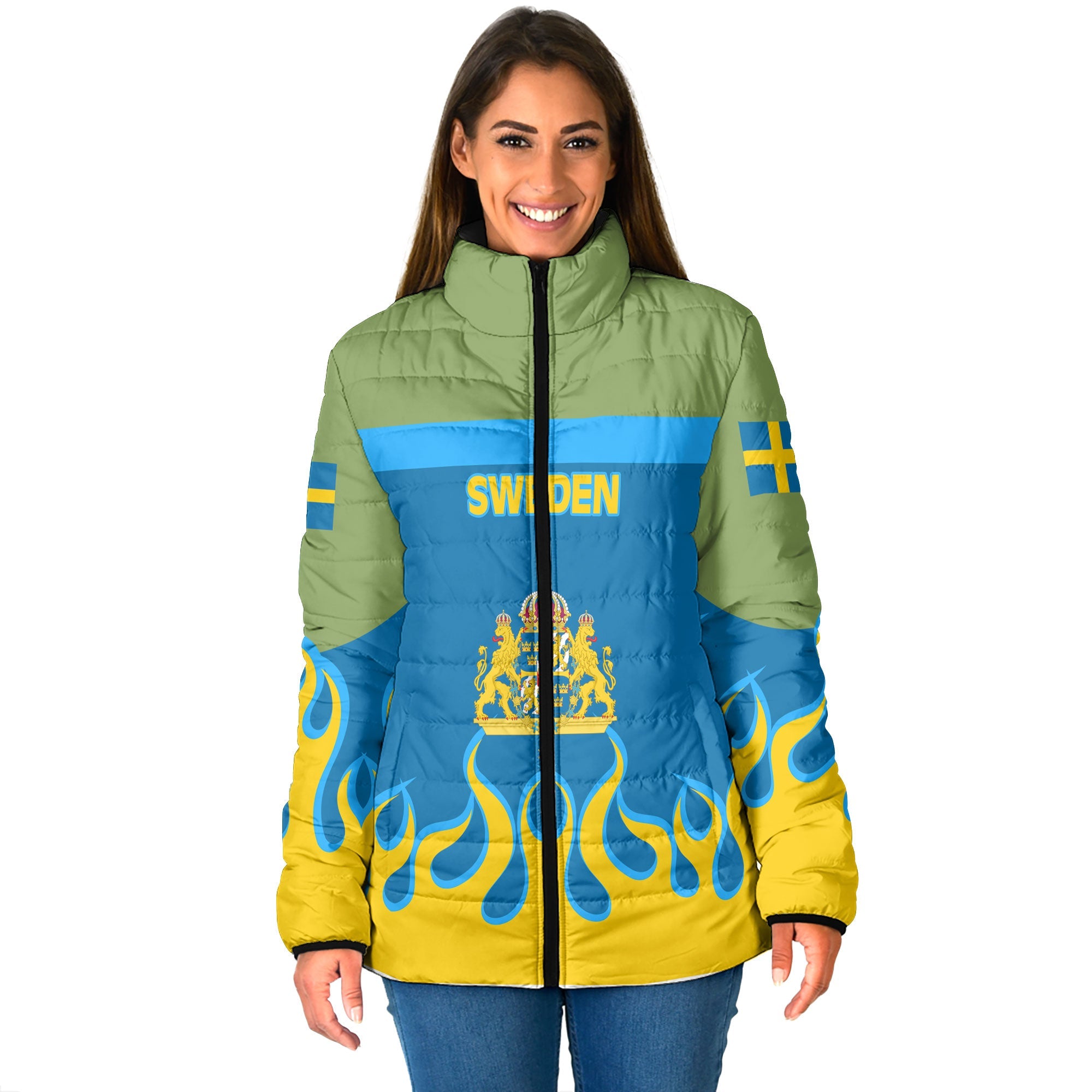 Sweden Women Padded Jacket Flag & Coat Of Arms Fire Hockey Style