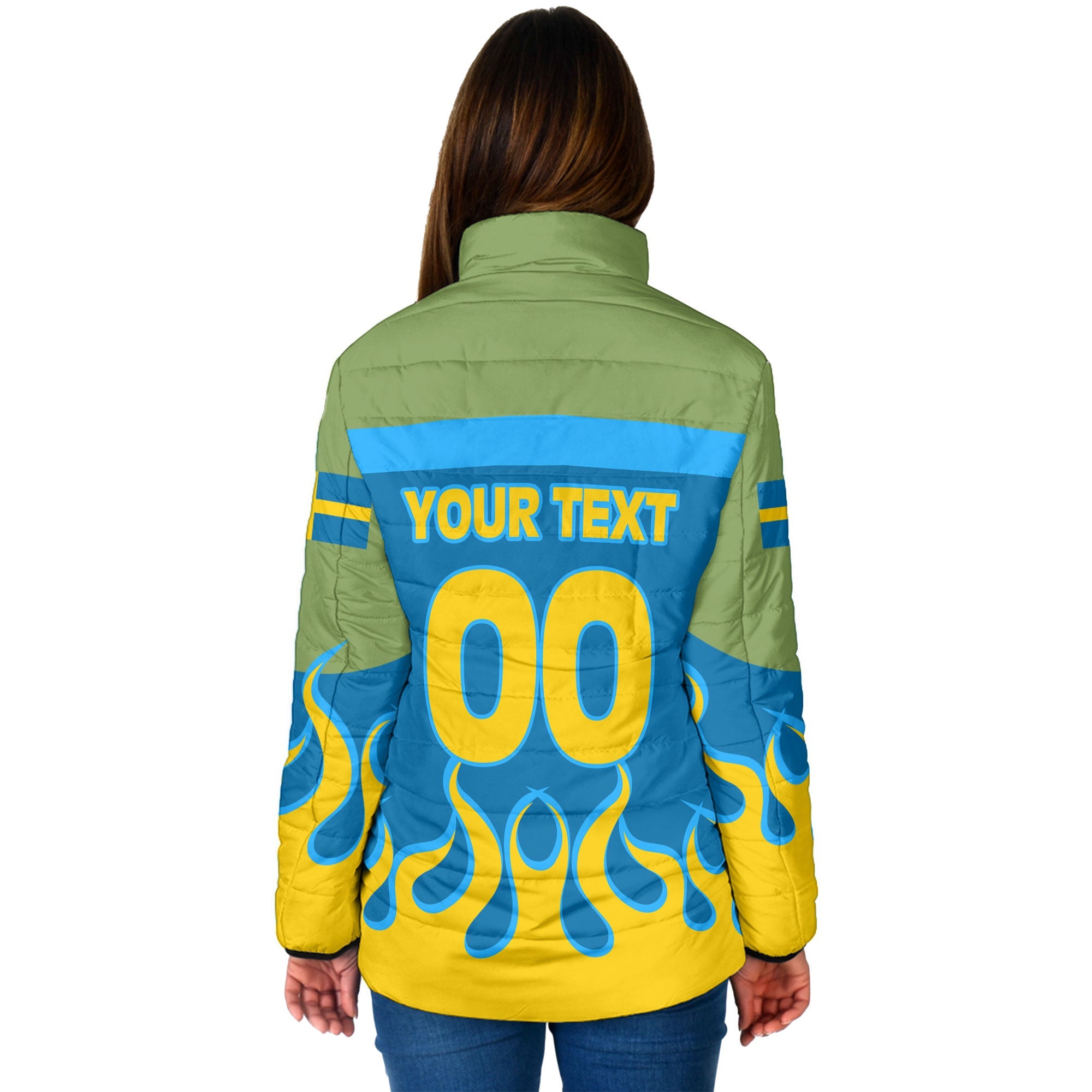 Sweden Women Padded Jacket Flag & Coat Of Arms Fire Hockey Style