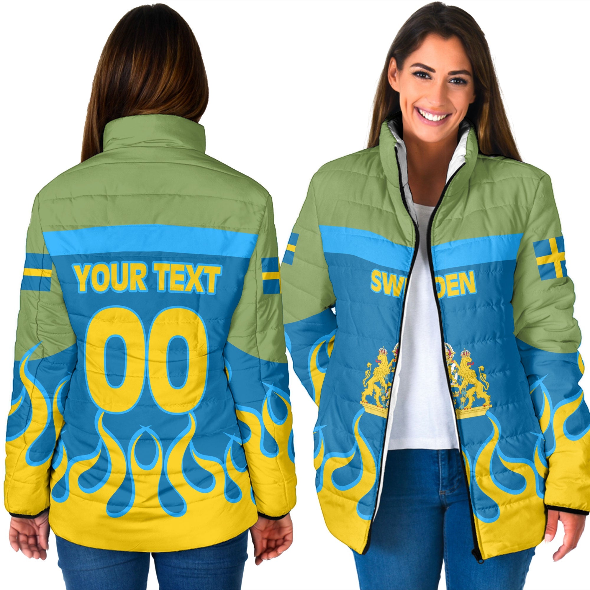 Sweden Women Padded Jacket Flag & Coat Of Arms Fire Hockey Style