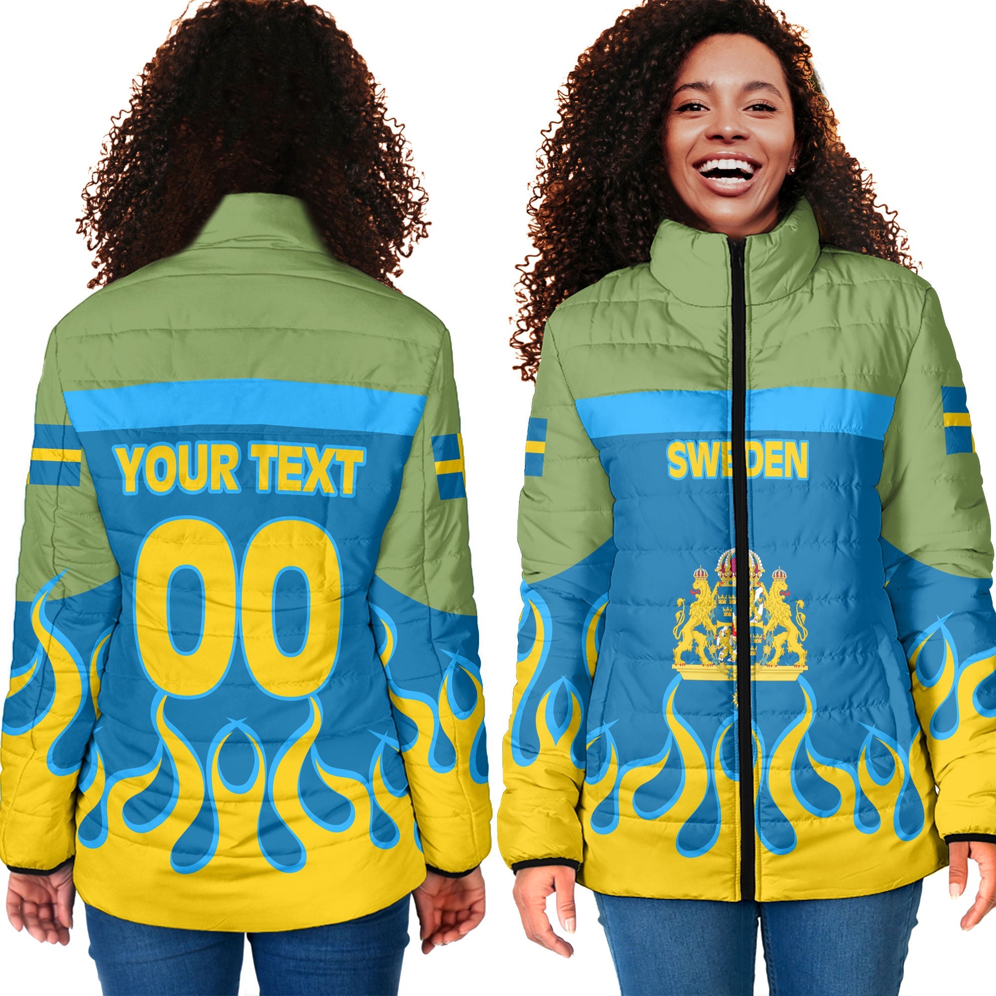 Sweden Women Padded Jacket Flag & Coat Of Arms Fire Hockey Style