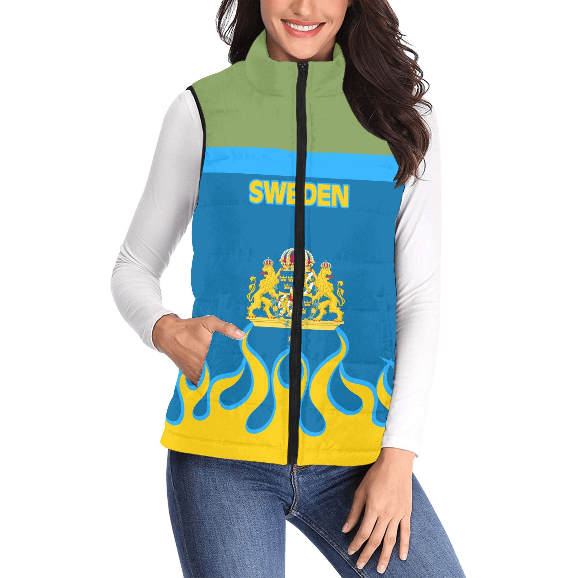 Sweden Women Padded Jacket Vest Flag & Coat Of Arms Fire Hockey Style