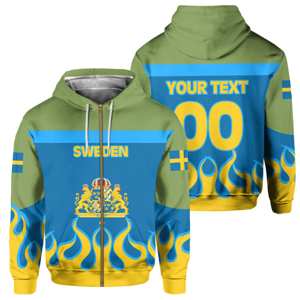 Sweden Zip Hoodie Flag & Coat Of Arms Fire Hockey Style