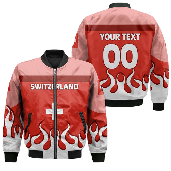 Switzerland Bomber Jacket Flag & Coat Of Arms Fire Hockey Style