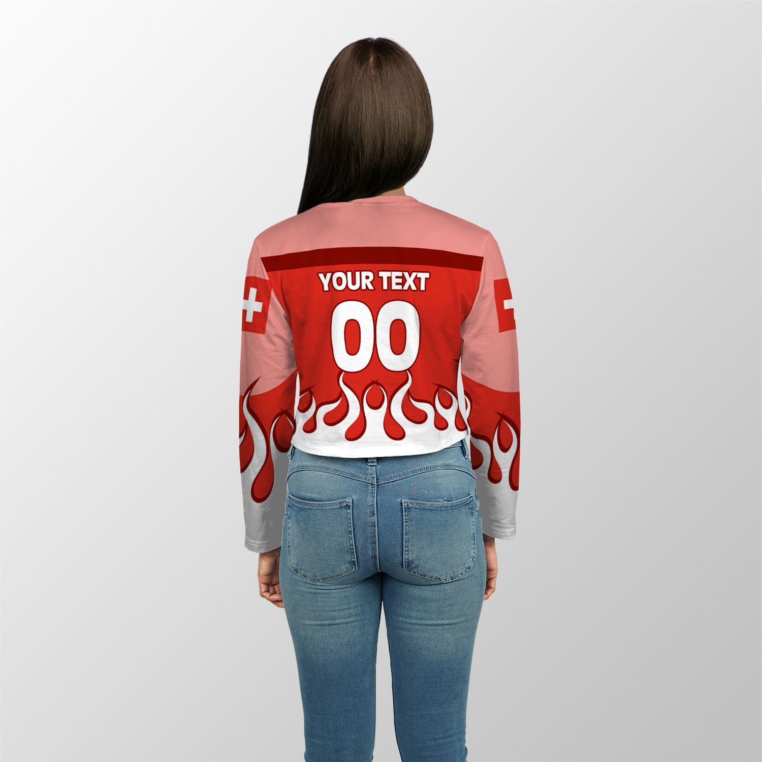 Switzerland Crop Top Long TShirt Flag & Coat Of Arms Fire Hockey Style