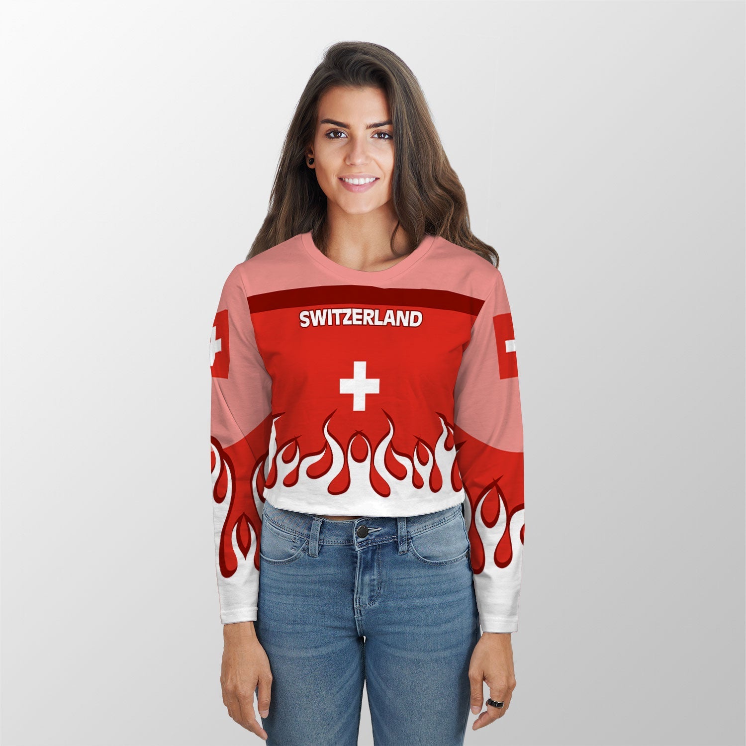 Switzerland Crop Top Long TShirt Flag & Coat Of Arms Fire Hockey Style