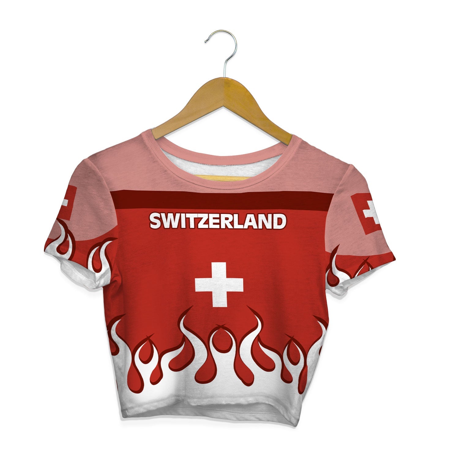 Switzerland Crop Top T Shirt Flag & Coat Of Arms Fire Hockey Style