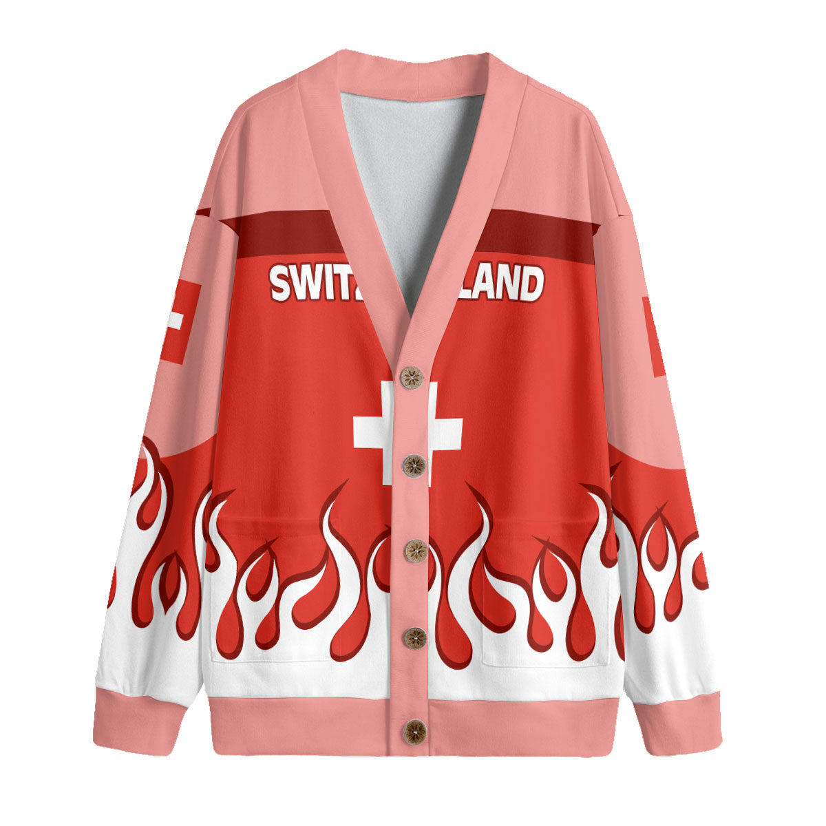 Switzerland Fleece Cardigan Flag & Coat Of Arms Fire Hockey Style