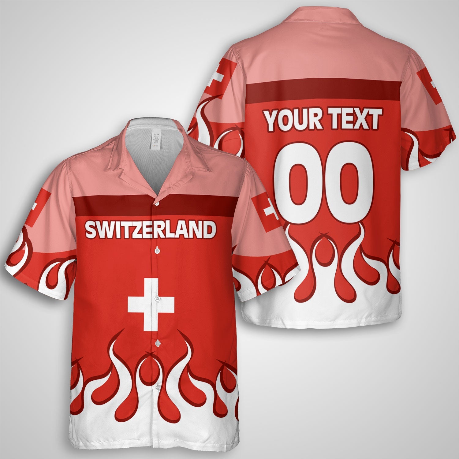 Switzerland Hawaiian Shirt Flag & Coat Of Arms Fire Hockey Style