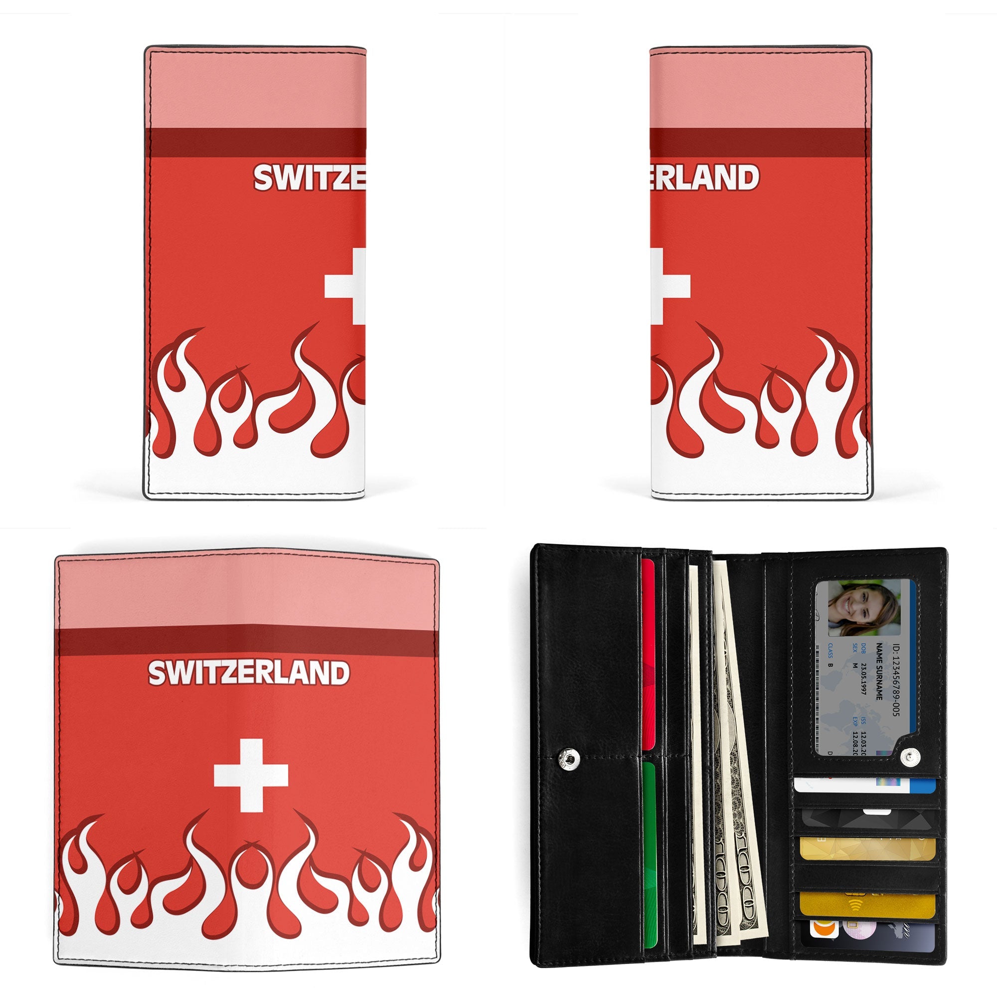 Switzerland Leather Wallet Flag & Coat Of Arms Fire Hockey Style