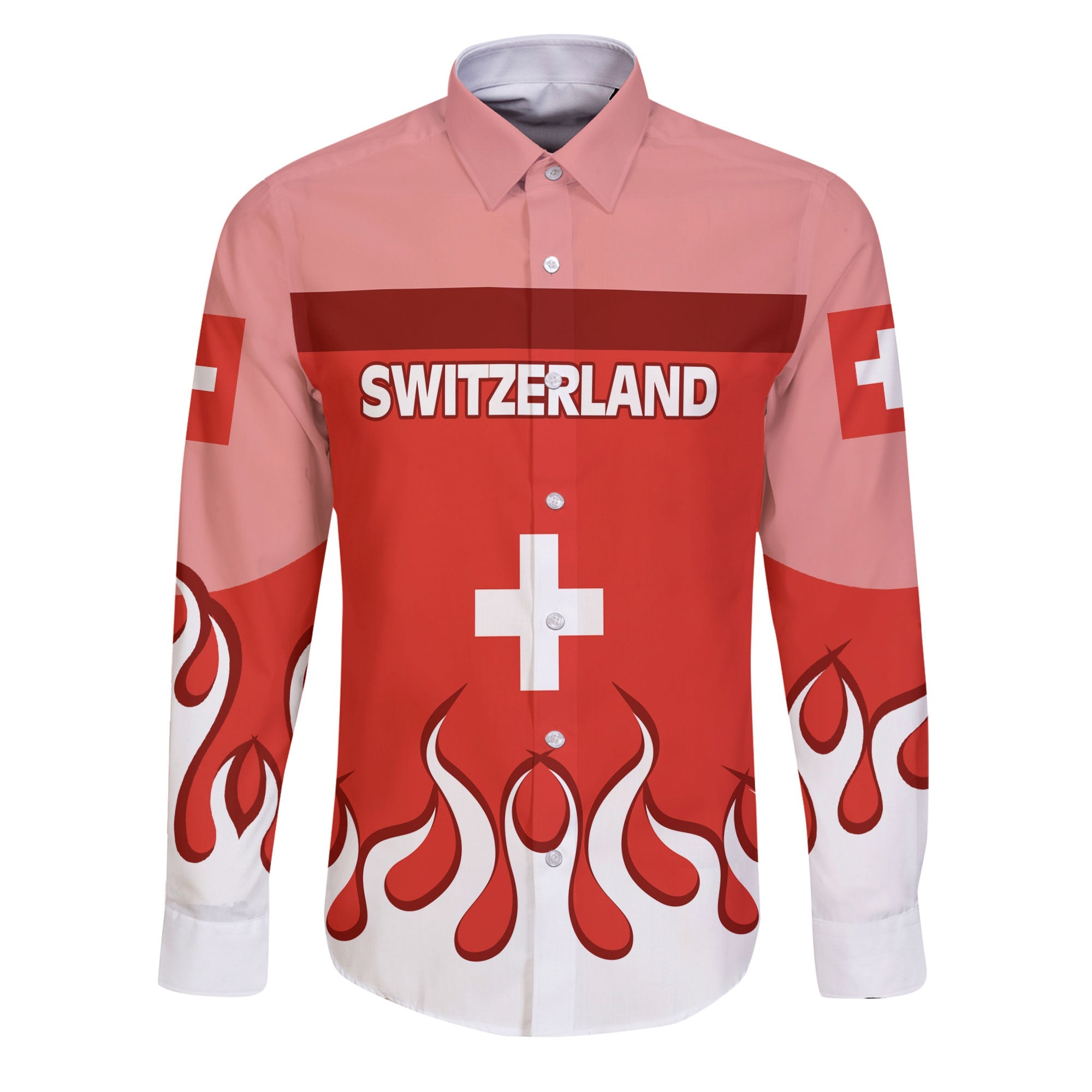 Switzerland Long Sleeve Button Shirt Flag & Coat Of Arms Fire Hockey Style